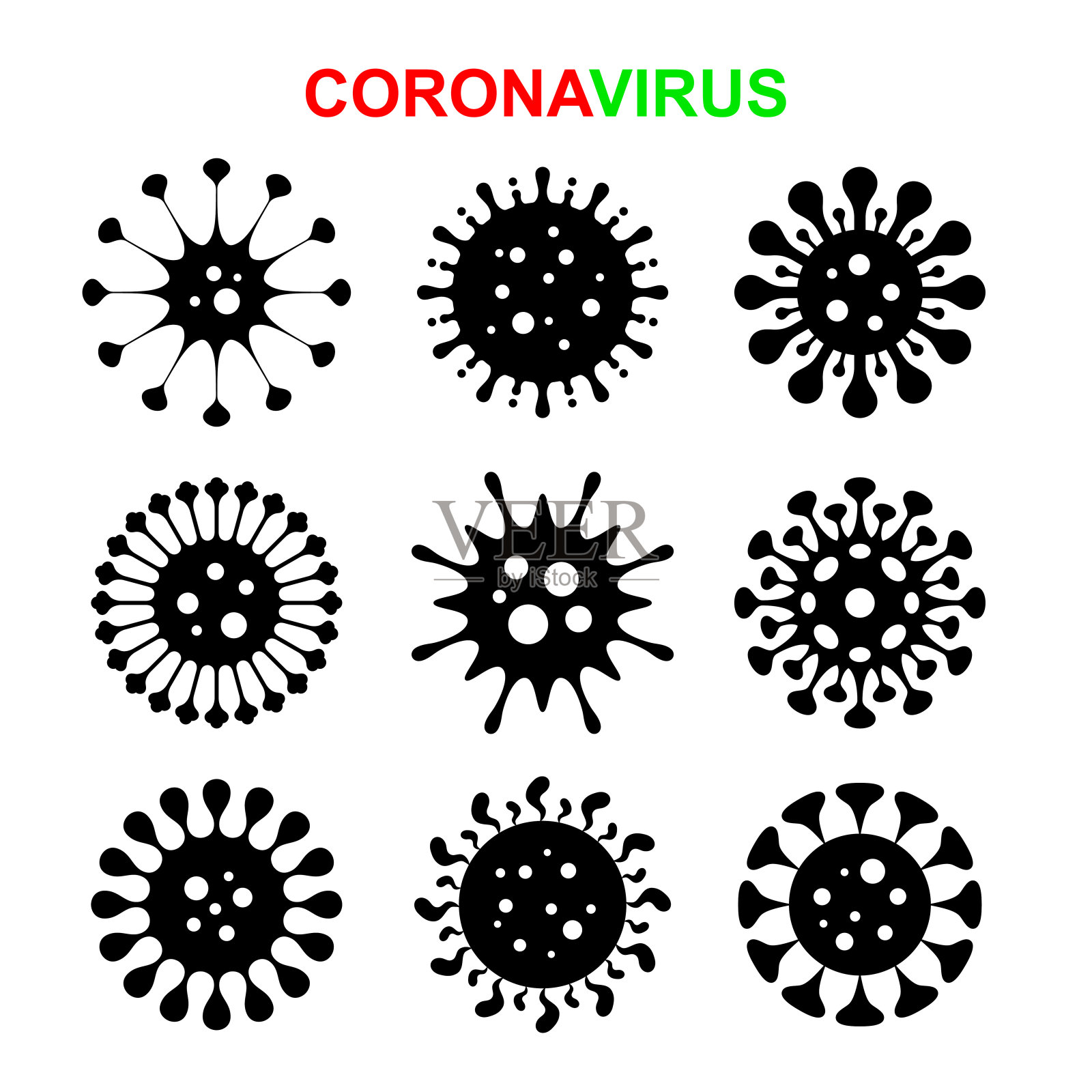 一系列不同形式的冠状病毒细胞插画图片素材