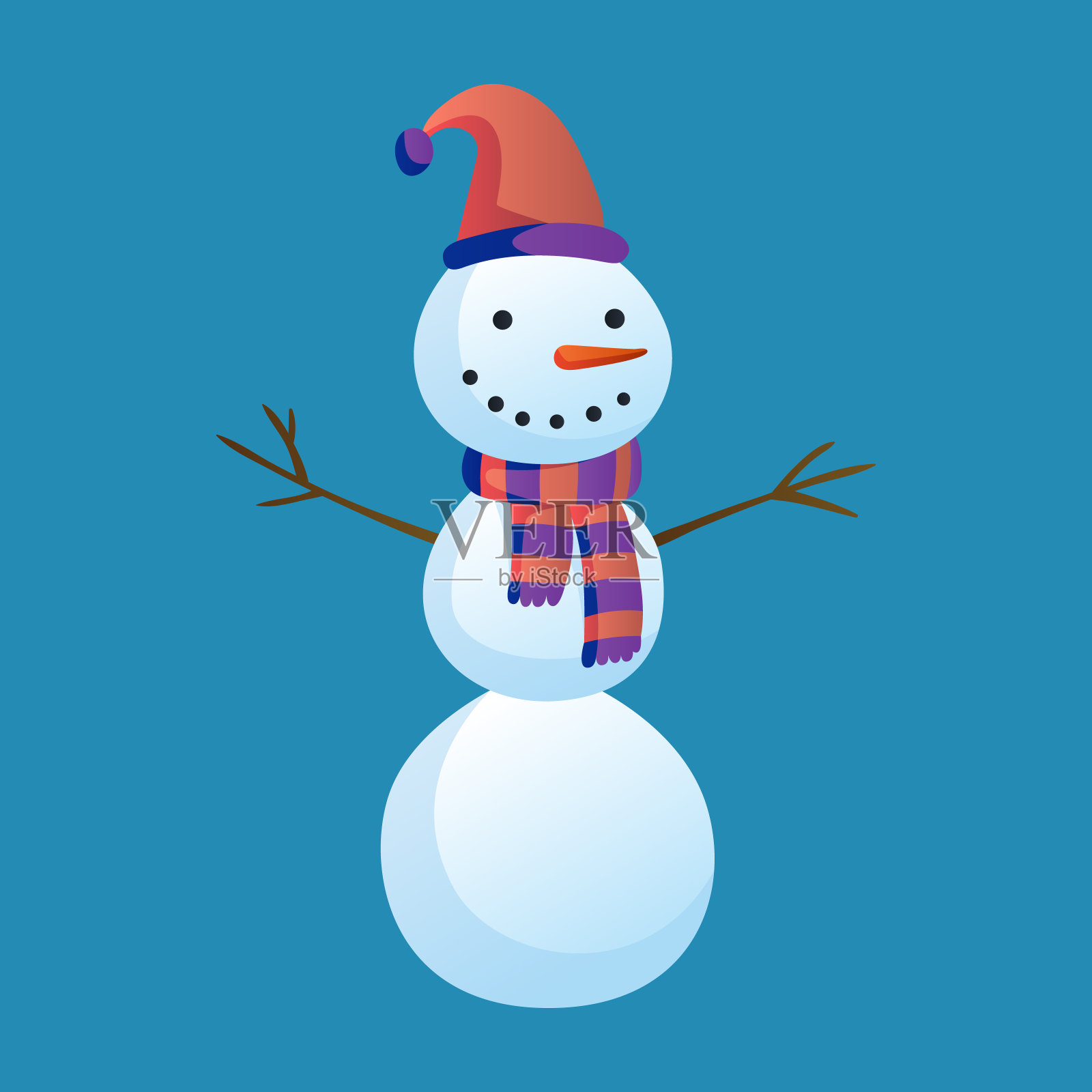 雪人举起双手，戴着大礼帽和围巾孤立在白色的背景。冬天的主题。向量人物插图设计元素图片