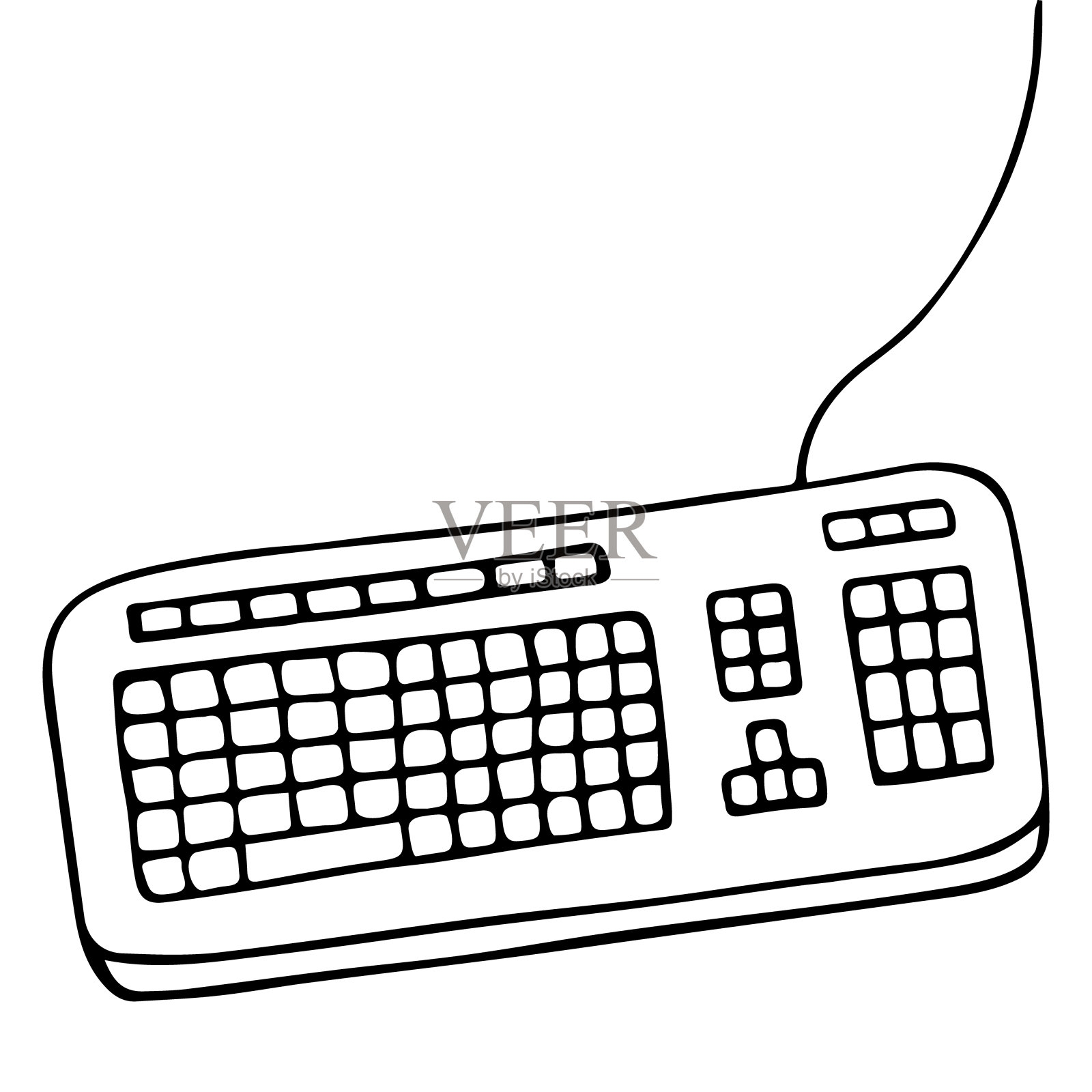键盘。一种向计算机输入信息的有线装置。该设备由一组密钥组成。矢量插图涂鸦风格。轮廓在一个孤立的白色背景。草图。字母、数字信号。设计元素图片