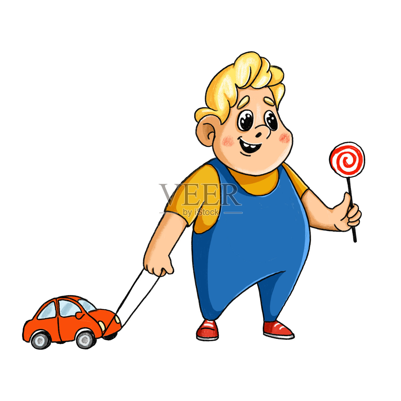 一个手里拿着棒棒糖的小男孩和一个绑在绳子上的梨子机插画图片素材