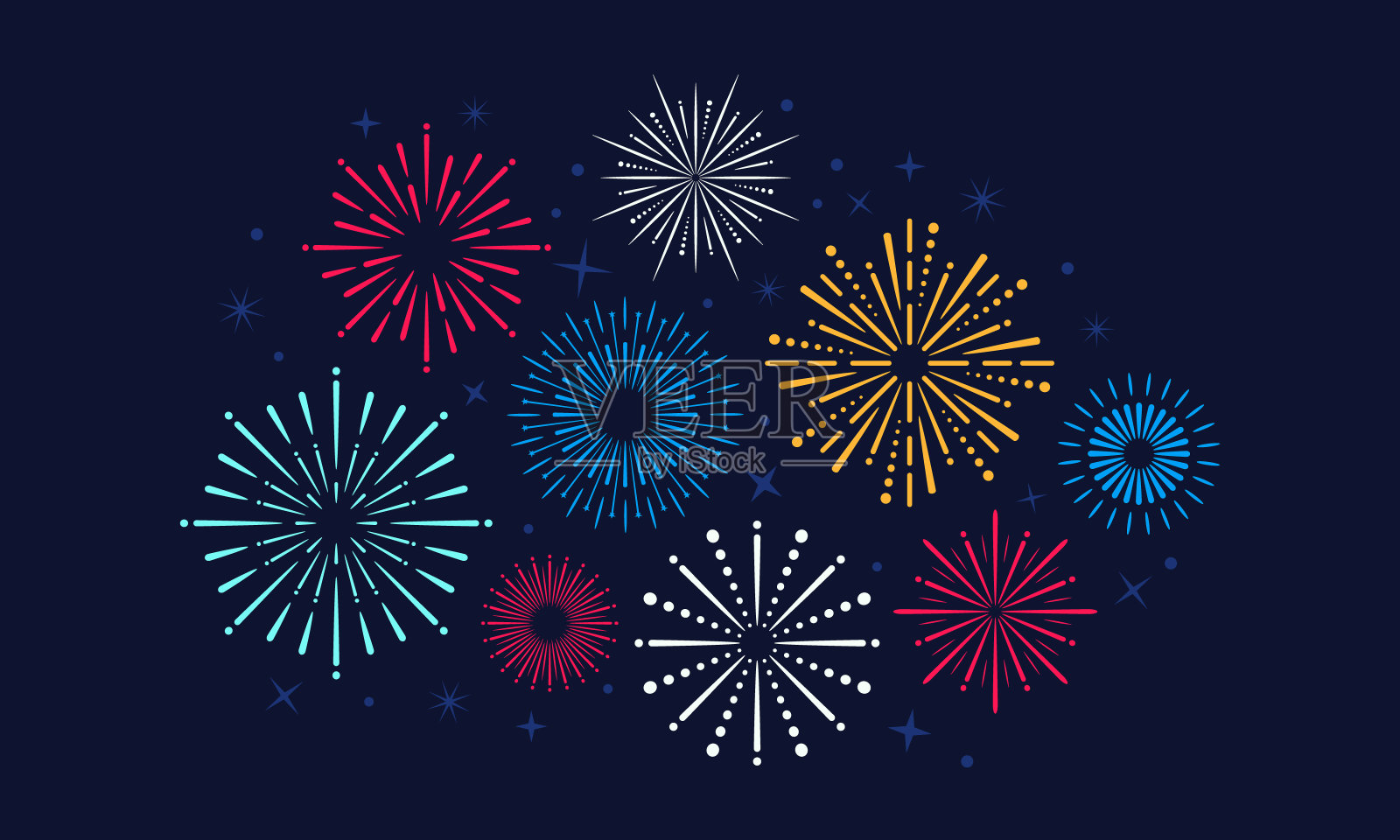 明亮的庆祝烟火在天空中爆炸。鞭炮背景适用于周年、聚会、生日、节日。矢量图插画图片素材