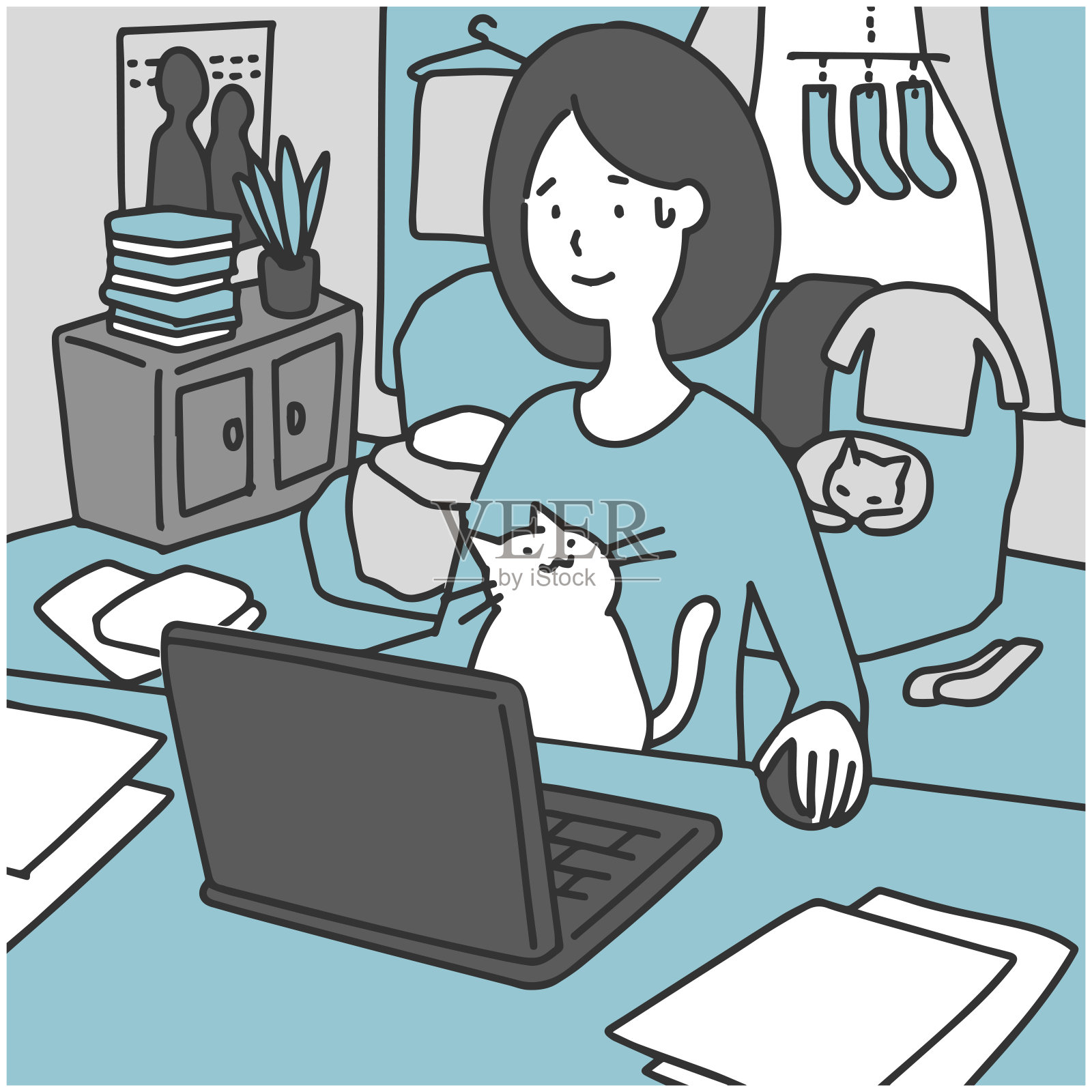 一个在凌乱的房间里在家工作的女人插画图片素材