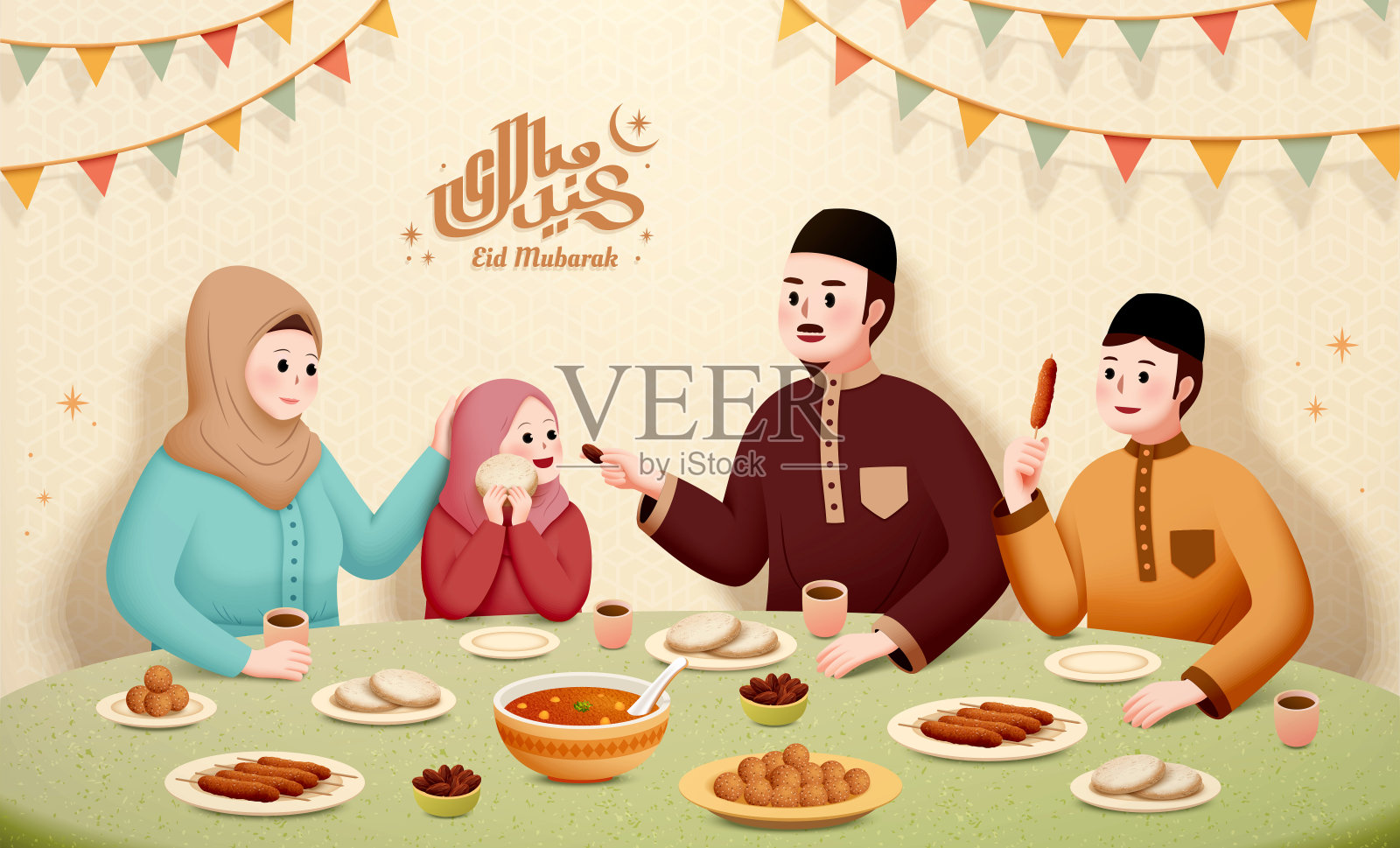 穆斯林家庭正在吃开斋饭插画图片素材