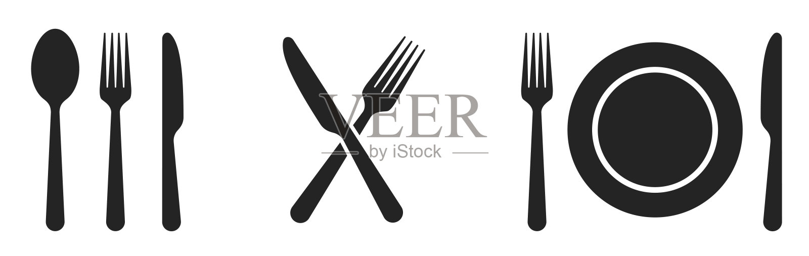 叉子，刀，勺子和盘子设置图标。餐具设置扁平风格。Dinnerservice集合。盘，叉和刀的应用程序和网站。晚餐服务-股票向量。图标素材
