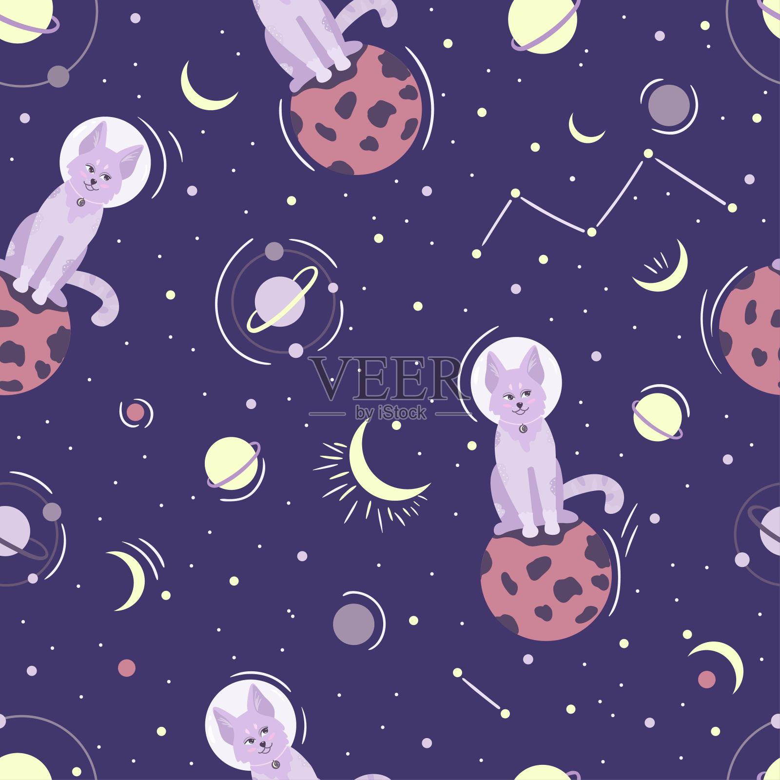 可爱搞笑的猫咪在太空中与行星、星星无缝搭配图案。插画图片素材