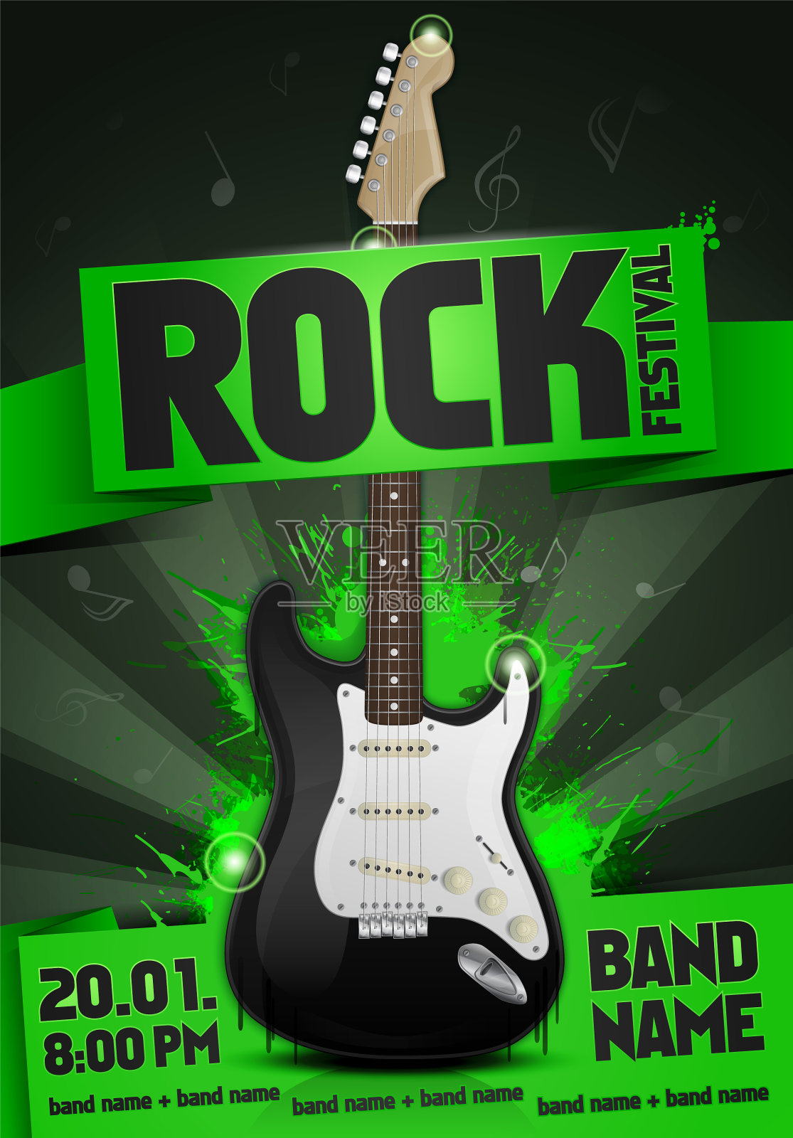 摇滚音乐节音乐会派对海报与吉他设计模板素材