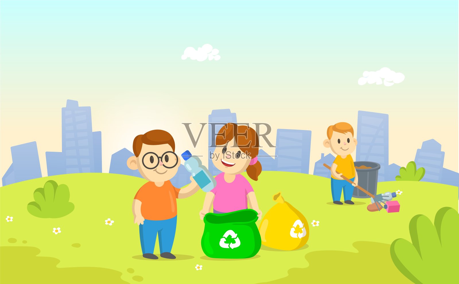 微笑的孩子们在城市和蓝天上收集塑料垃圾和分类垃圾。垃圾分类管理理念，回收利用，生态环保。卡通平面矢量插图。插画图片素材