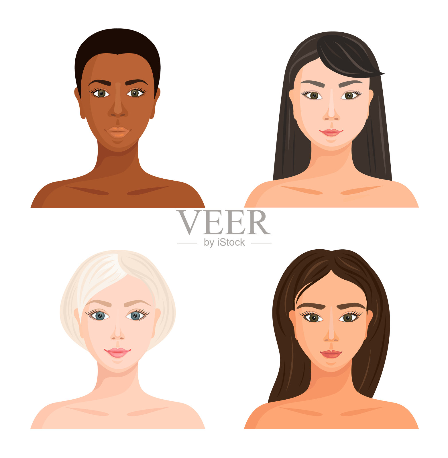 不同肤色、头发和眼睛的女孩的脸。欧洲，非洲，拉丁美洲和亚洲。矢量插图。设计元素图片