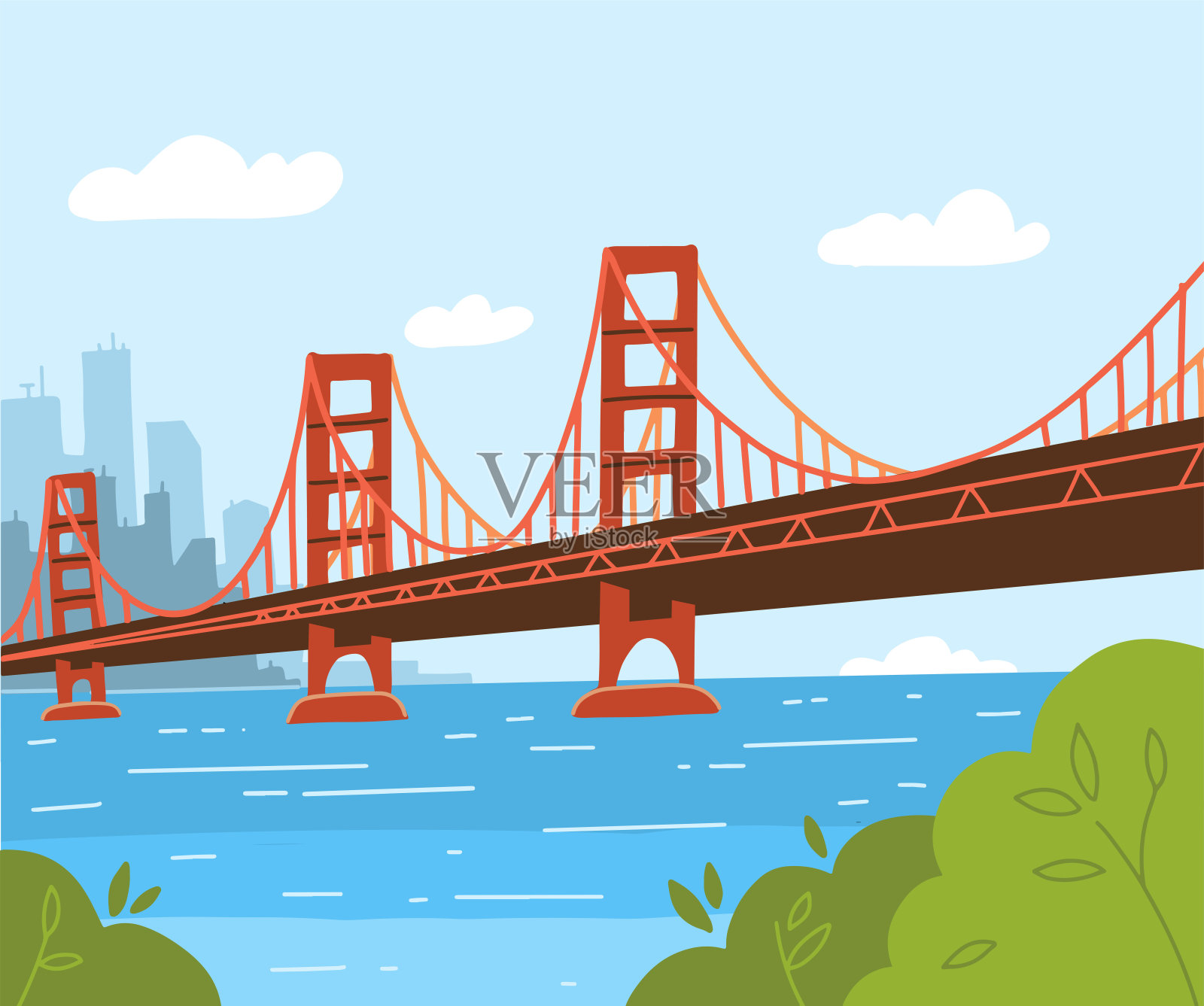 金门大桥插图。平面矢量风格设计。日城市景观背景与城市剪影。美国与都市主义的象征插画图片素材