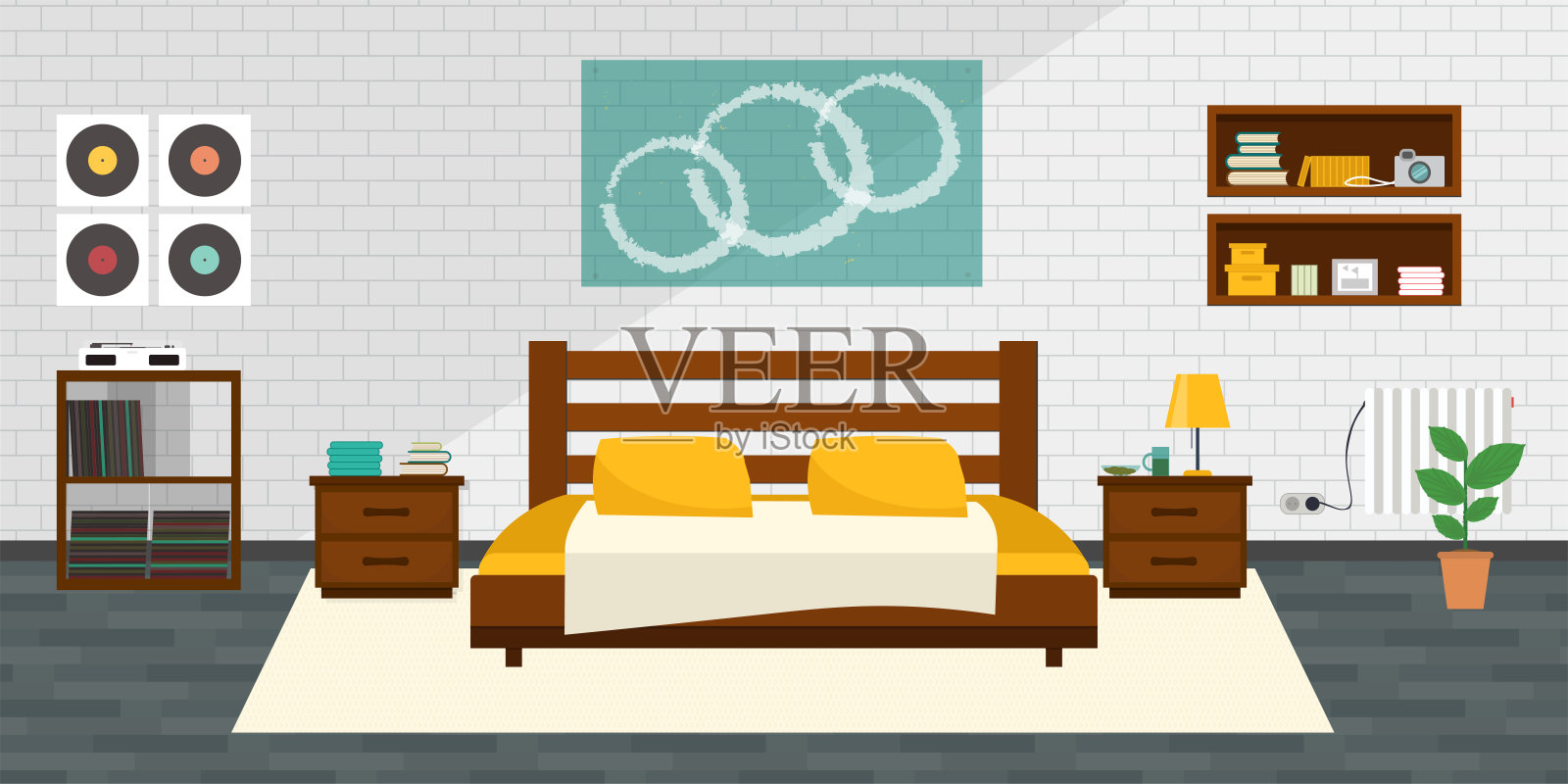 带有家具的现代卧室。平面风格矢量插图。舒适的内部。酒店的房间。插画图片素材