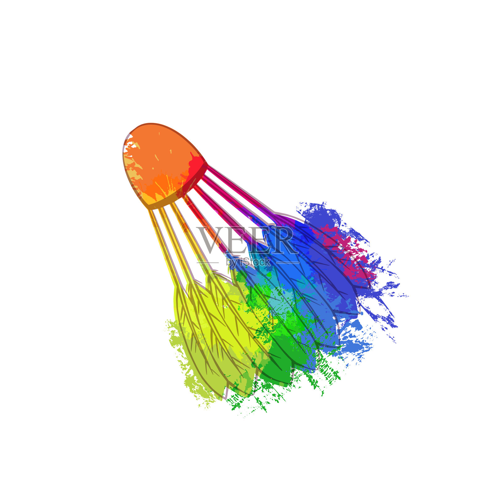 轮廓素描的羽毛球与彩虹水彩飞溅在白色的背景。运动器材。向量枯燥乏味的对象插画图片素材