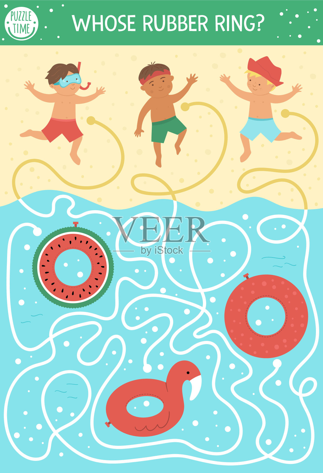 夏季儿童迷宫。幼儿园沙滩假日活动。可爱的男孩和充气橡胶环有趣的谜题。孩子们的节日游戏。可打印的活动与孩子，沙子和水插画图片素材
