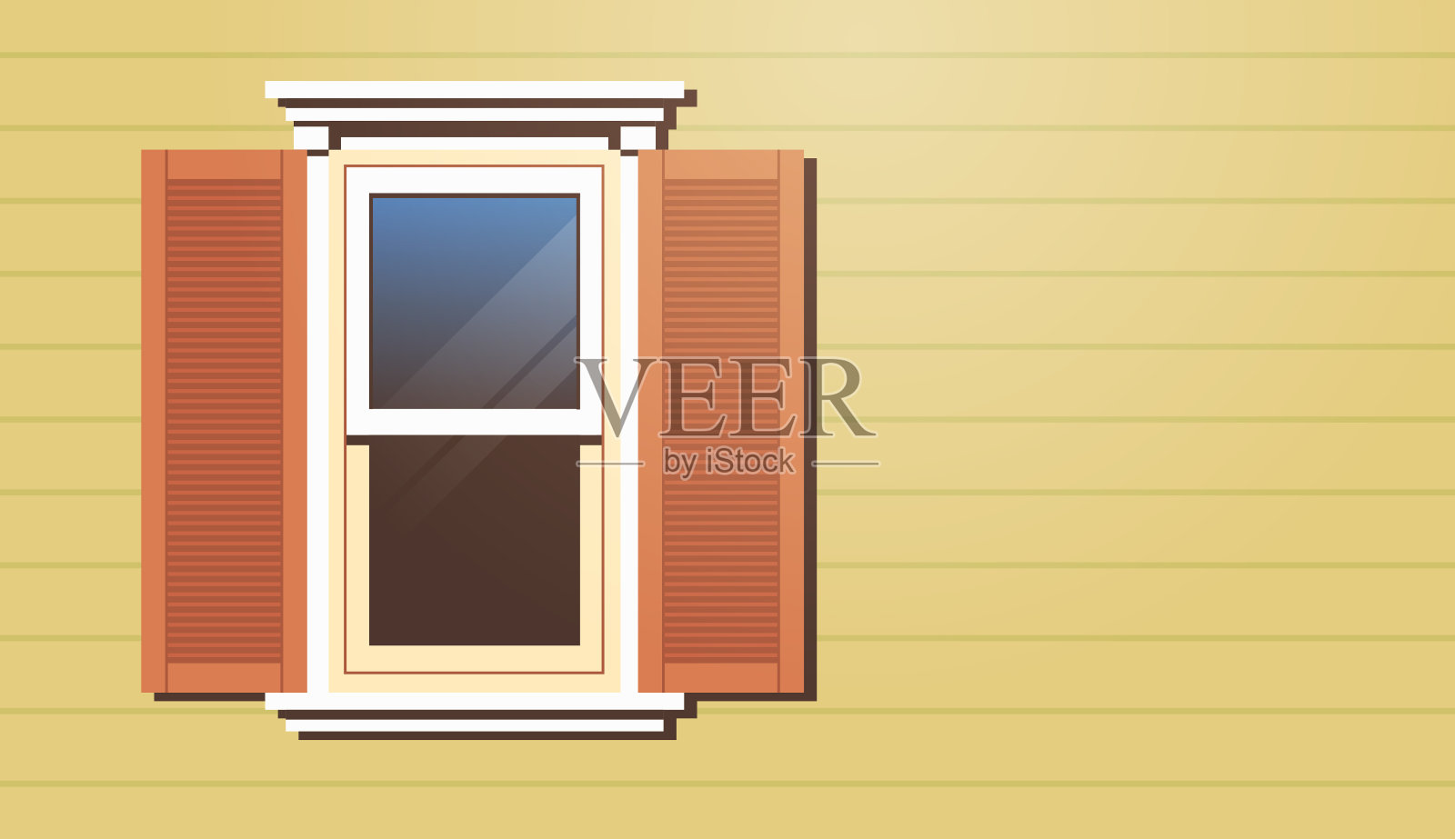 带有百叶窗的房子窗户，老式建筑立面插画图片素材