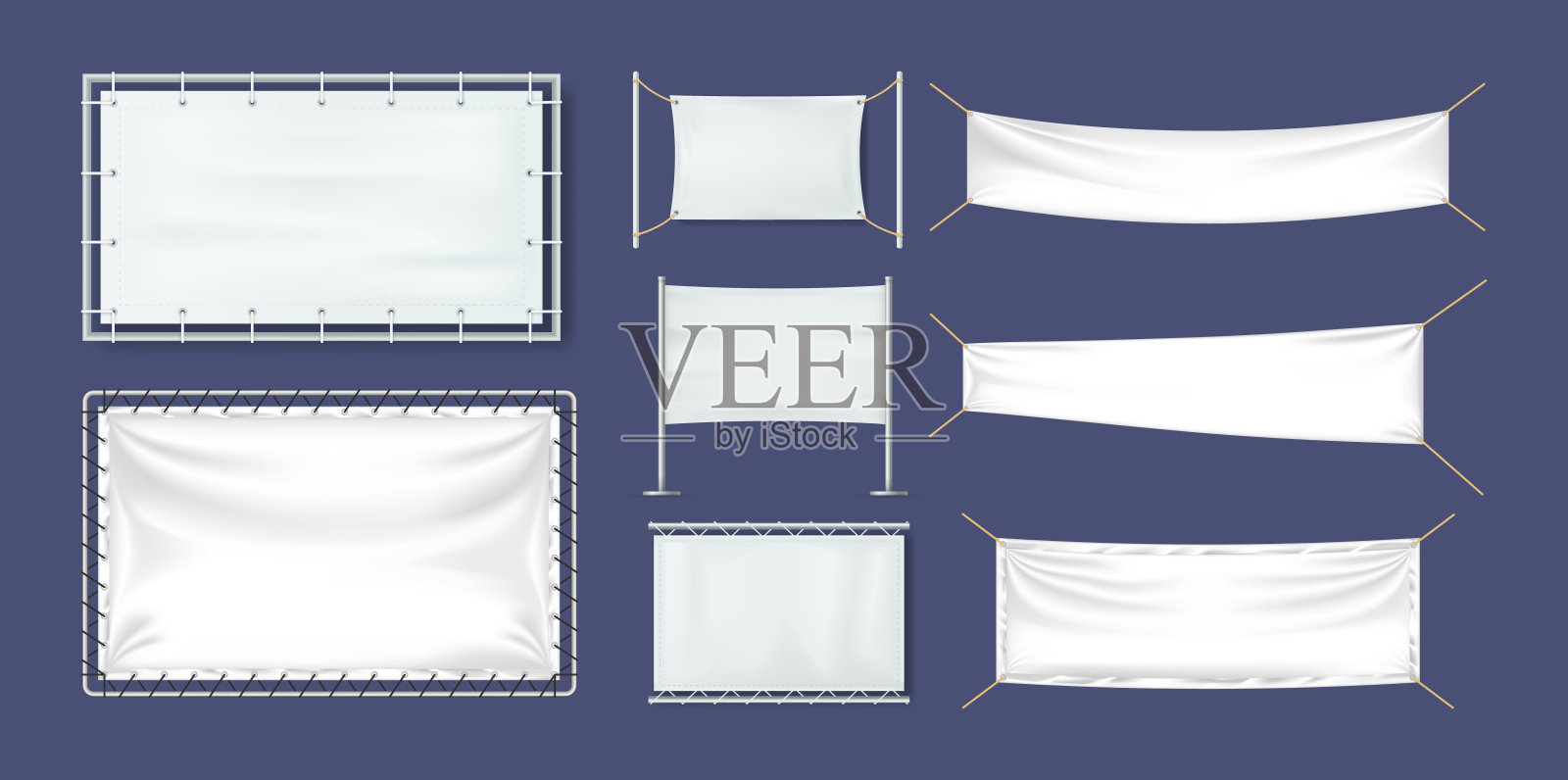 现实的白色纺织横幅设置。棉花横幅，空白旗帜，海报。插画图片素材