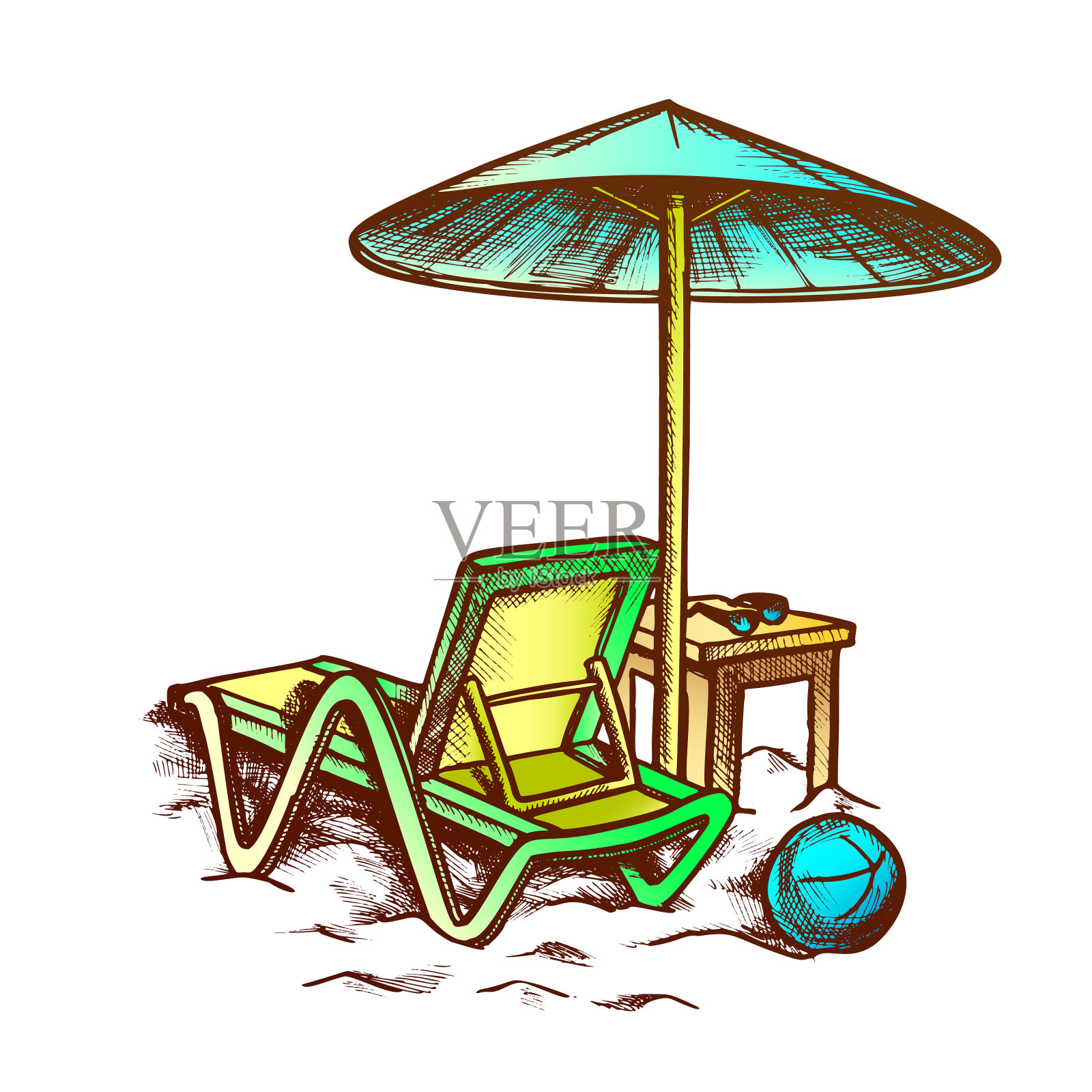 带有雨伞和凳子的复古沙滩椅设计元素图片