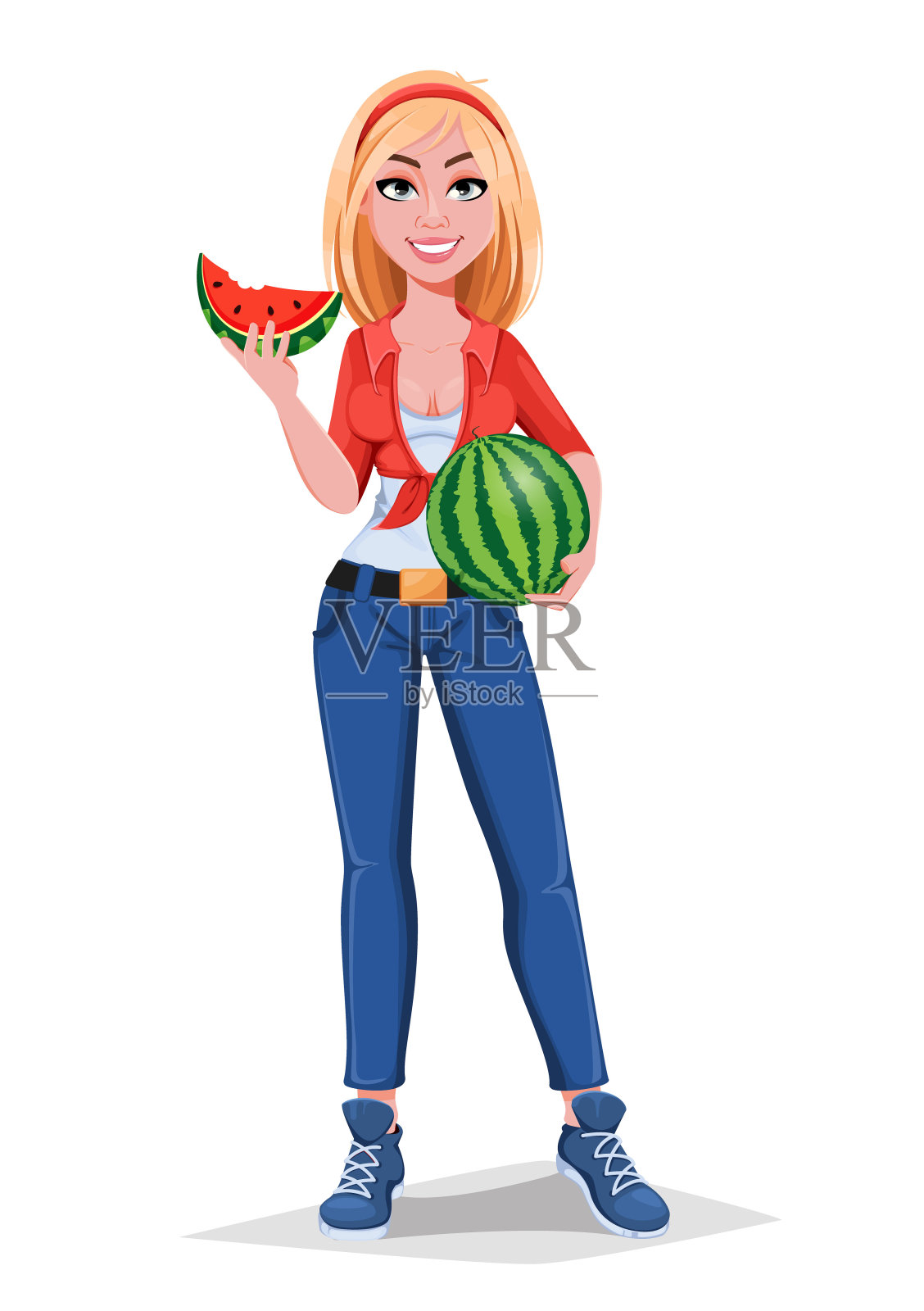 快乐微笑的农家女孩拿着西瓜插画图片素材