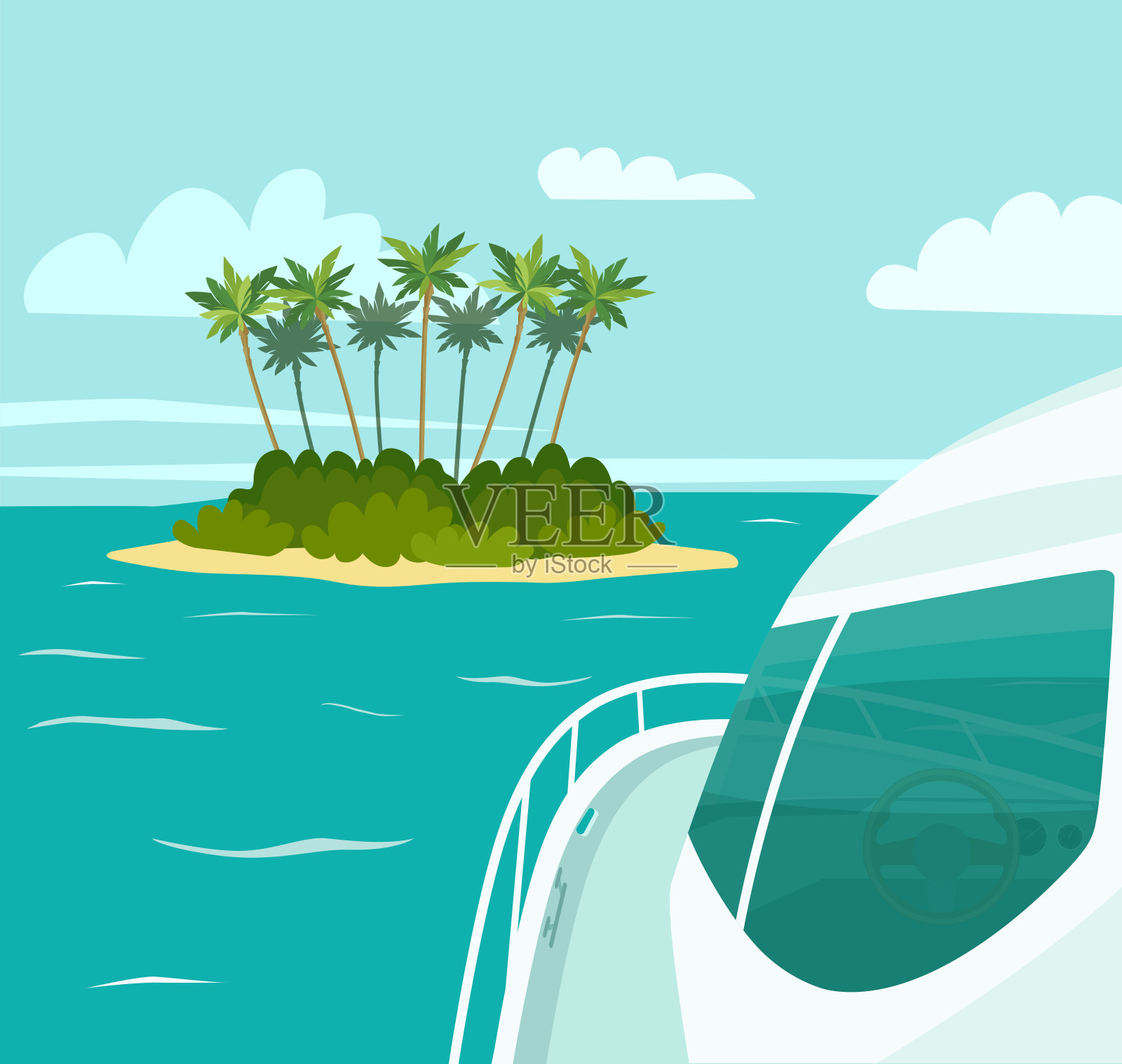 船靠近了海上的一个热带岛屿。从船头看。矢量平面风格的插图。插画图片素材