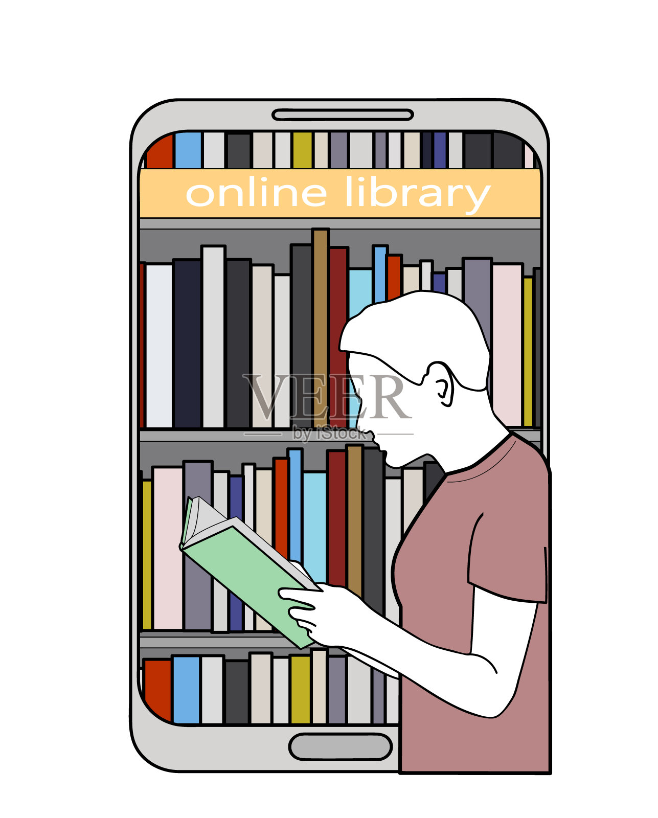 一名男子在网上图书馆的背景下阅读一本书。远程教育。在线培训。矢量插图。设计元素图片