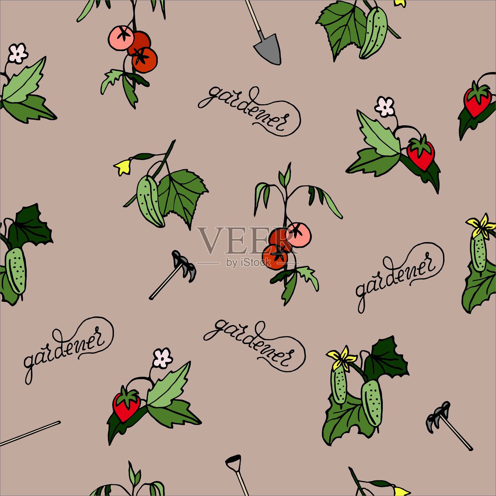 无缝模式的园丁-矮牵牛花，番茄，黄瓜，洋葱，草莓，手绘，涂鸦，矢量插画图片素材