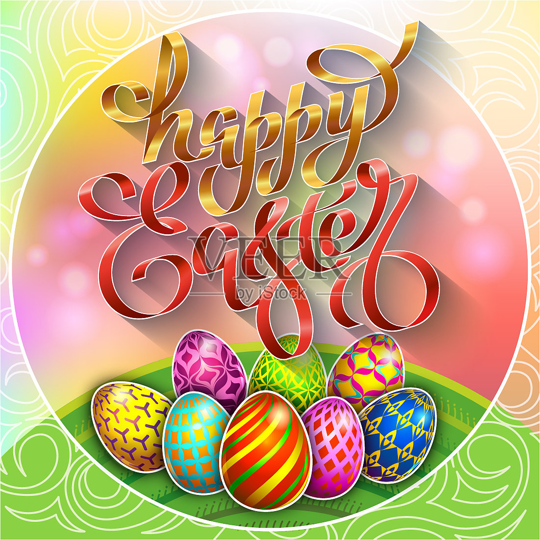 五彩缤纷的复活节彩蛋放在绿色的草坪上插画图片素材
