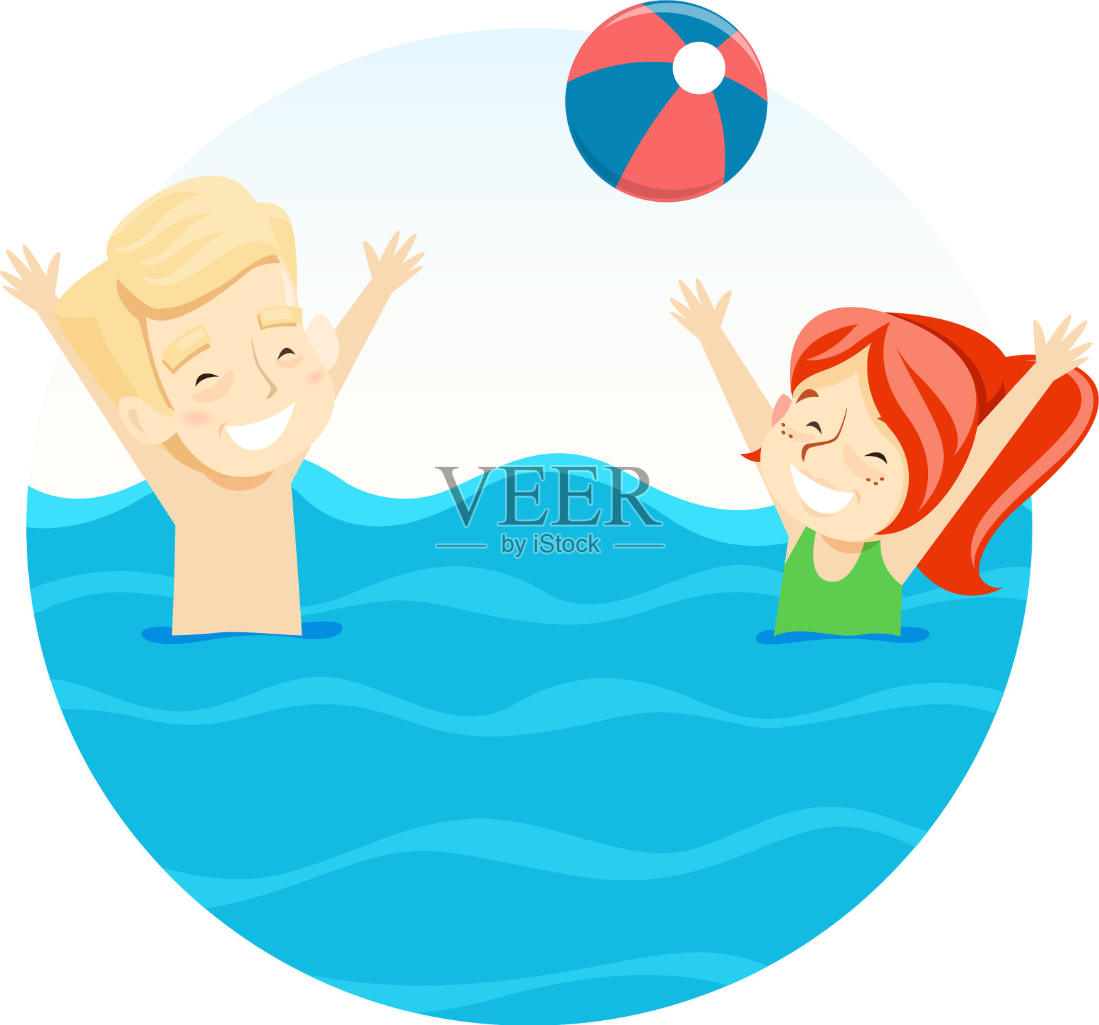 男孩和女孩在水里玩球设计元素图片
