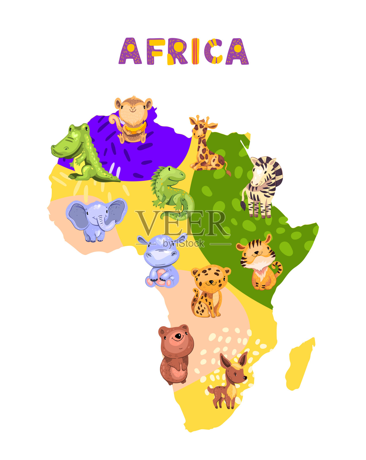 矢量股票非洲地图与有趣的婴儿动物。插画图片素材