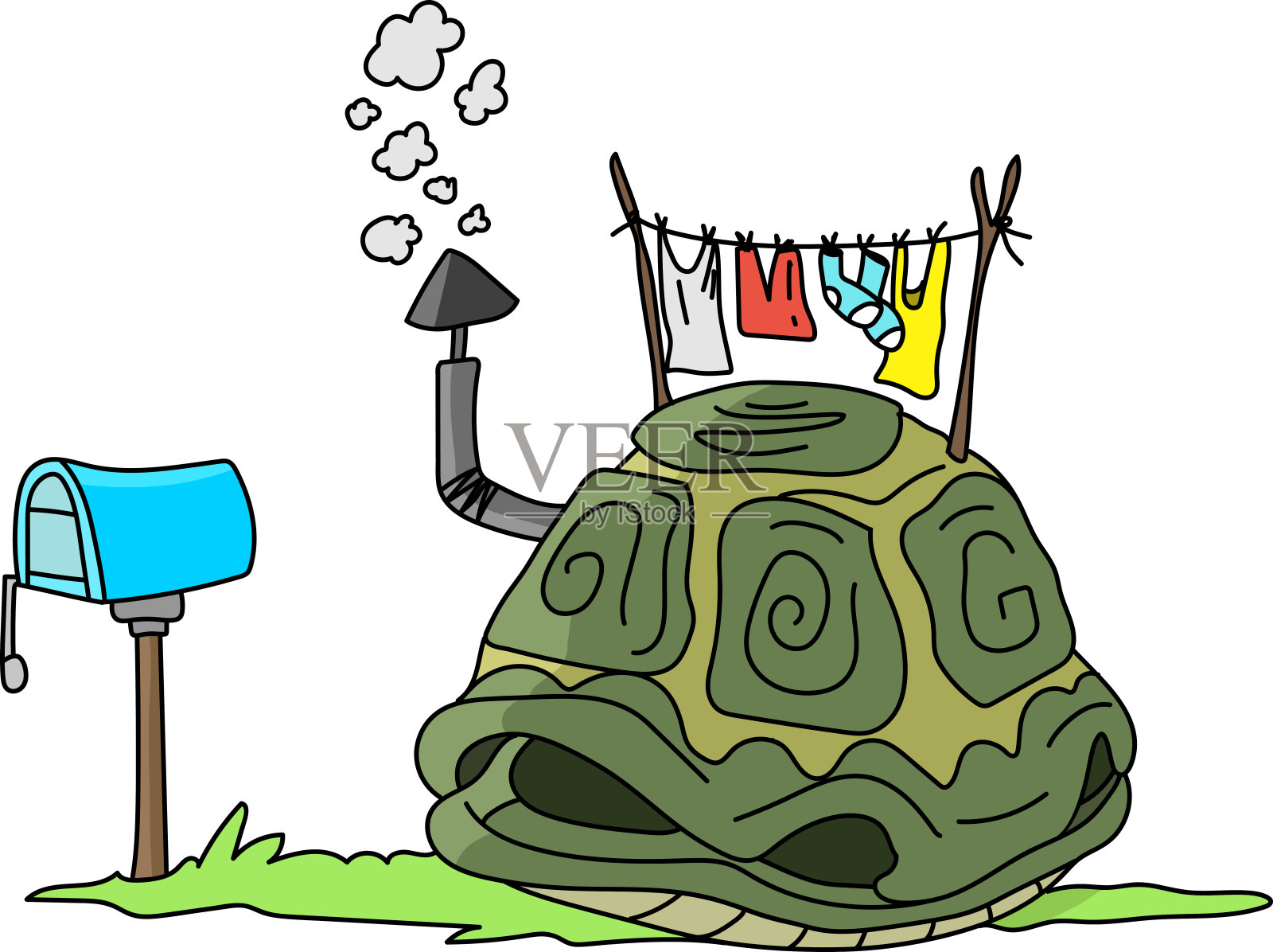 卡通海龟壳像一个冒烟的烟囱的房子在顶部矢量插图插画图片素材