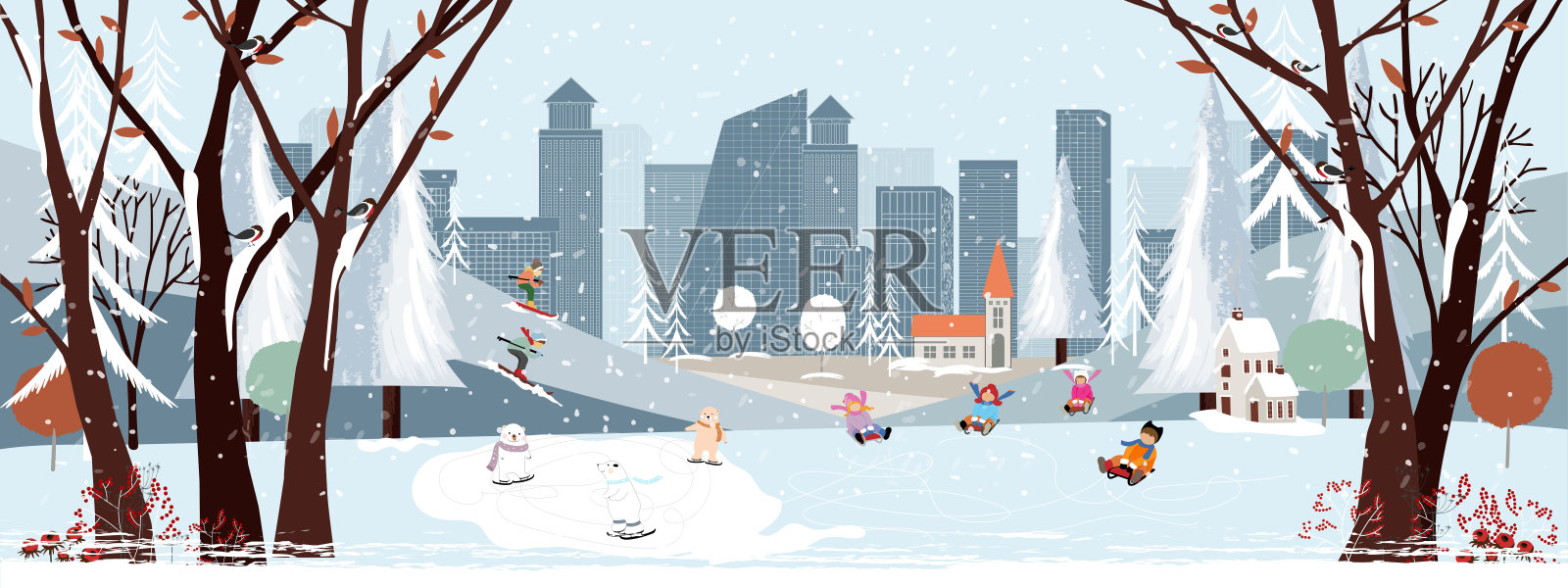 全景冬季景观，圣诞和新年庆祝在城市，向量的横旗冬季仙境在镇上与快乐的孩子滑雪和夫妇在公园滑雪背景图片素材