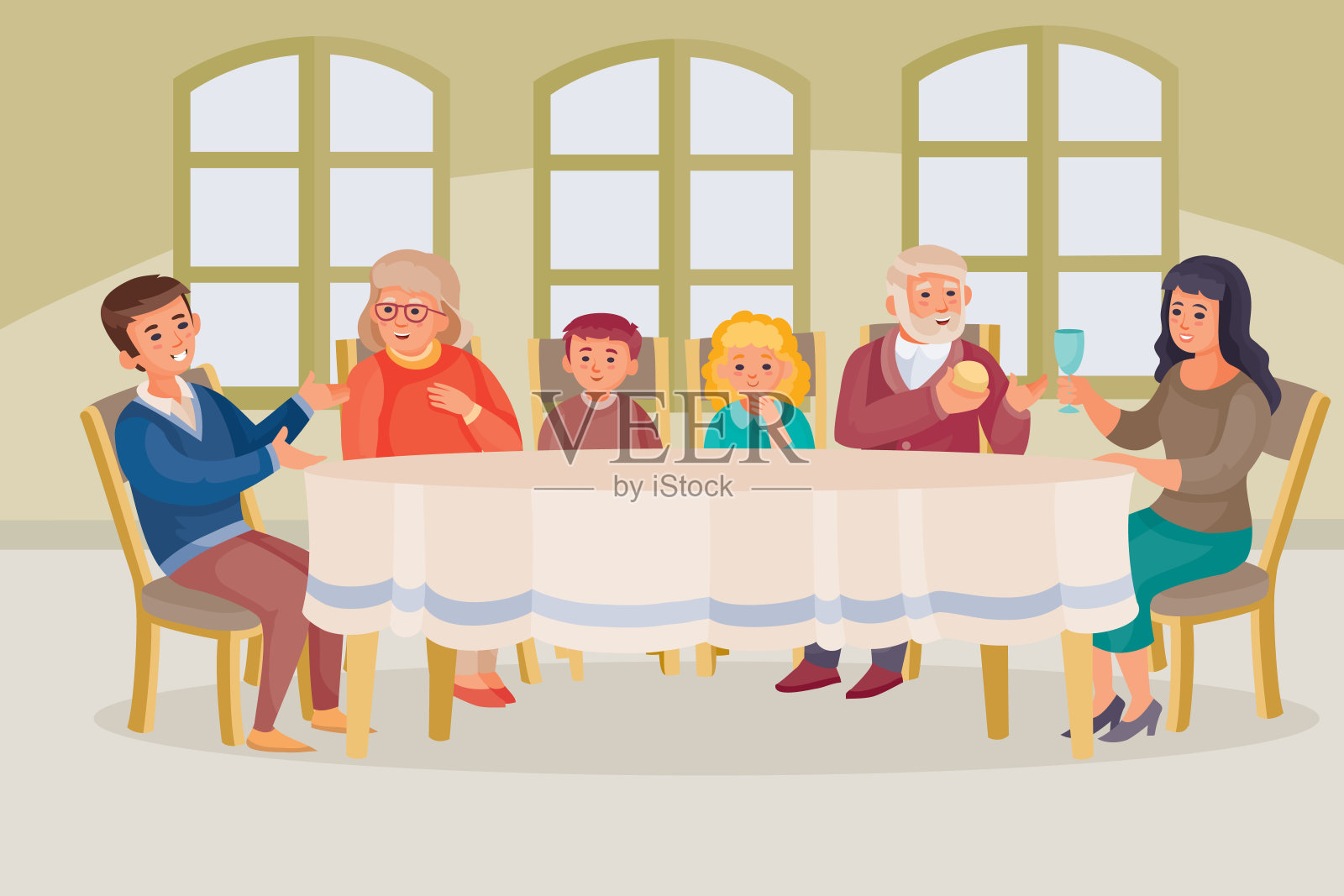 坐在一个有大窗户的房间里的一个大家庭桌子旁，妈妈，爸爸，儿子和女儿，还有祖母和祖父，矢量插图插画图片素材