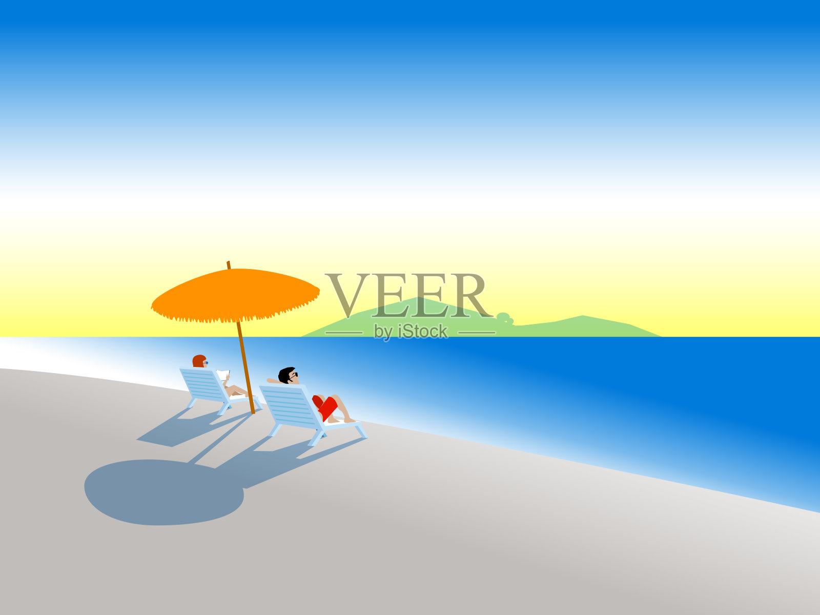空荡荡的海滩上的夫妇。阳光明媚的天空插画图片素材