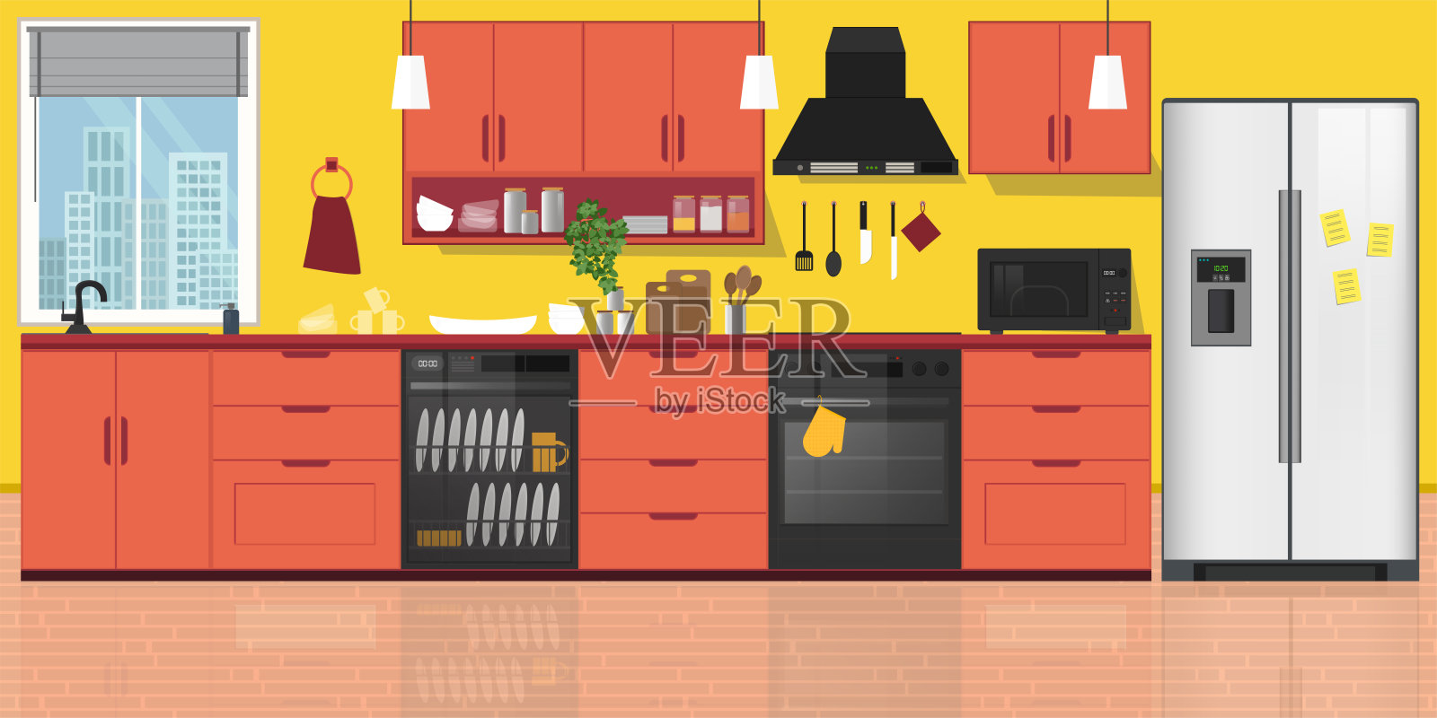 厨房内部，配有家具。平面风格矢量插图。插画图片素材