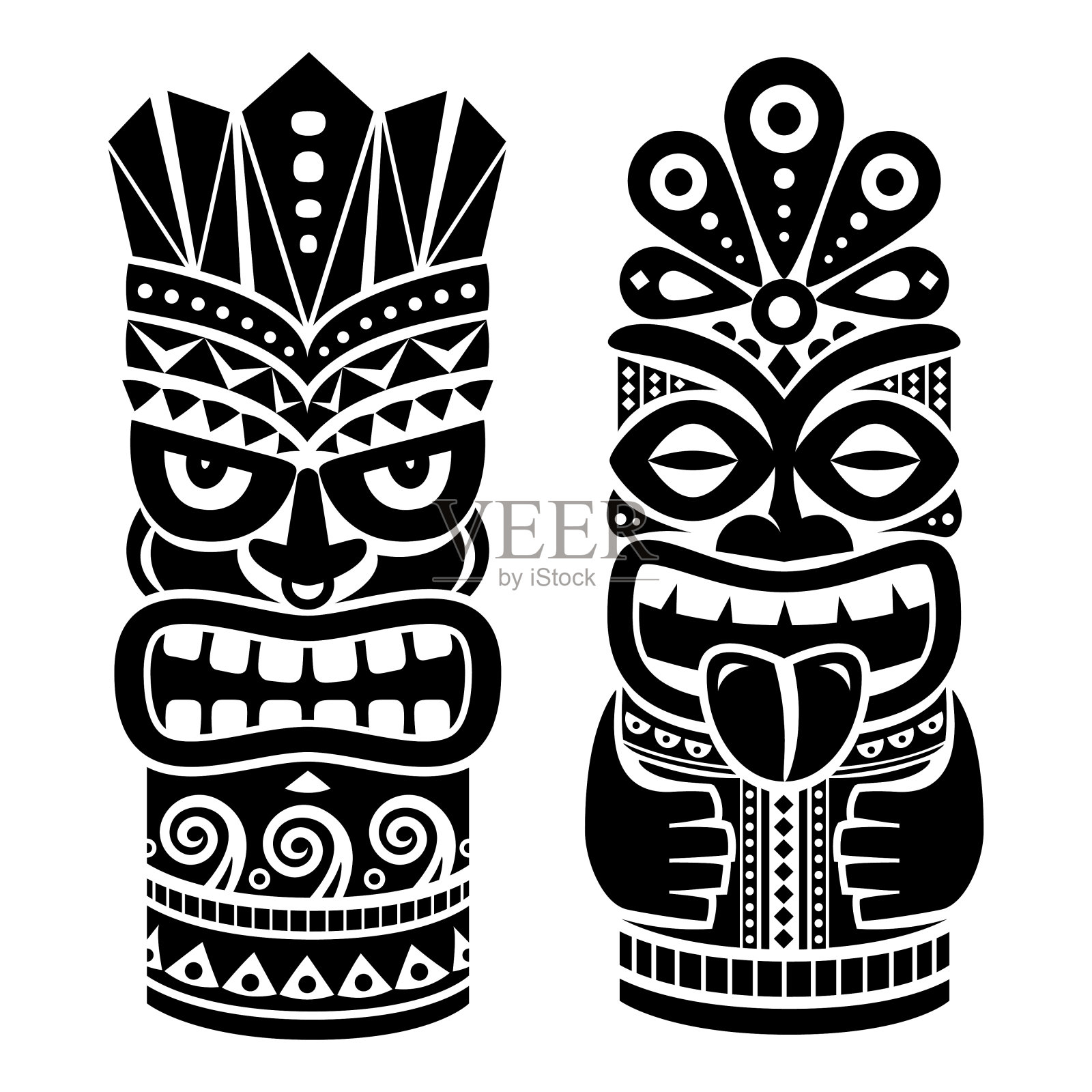 提基柱图腾矢量设计-传统的雕像装饰从波利尼西亚和夏威夷，部落民间艺术背景插画图片素材