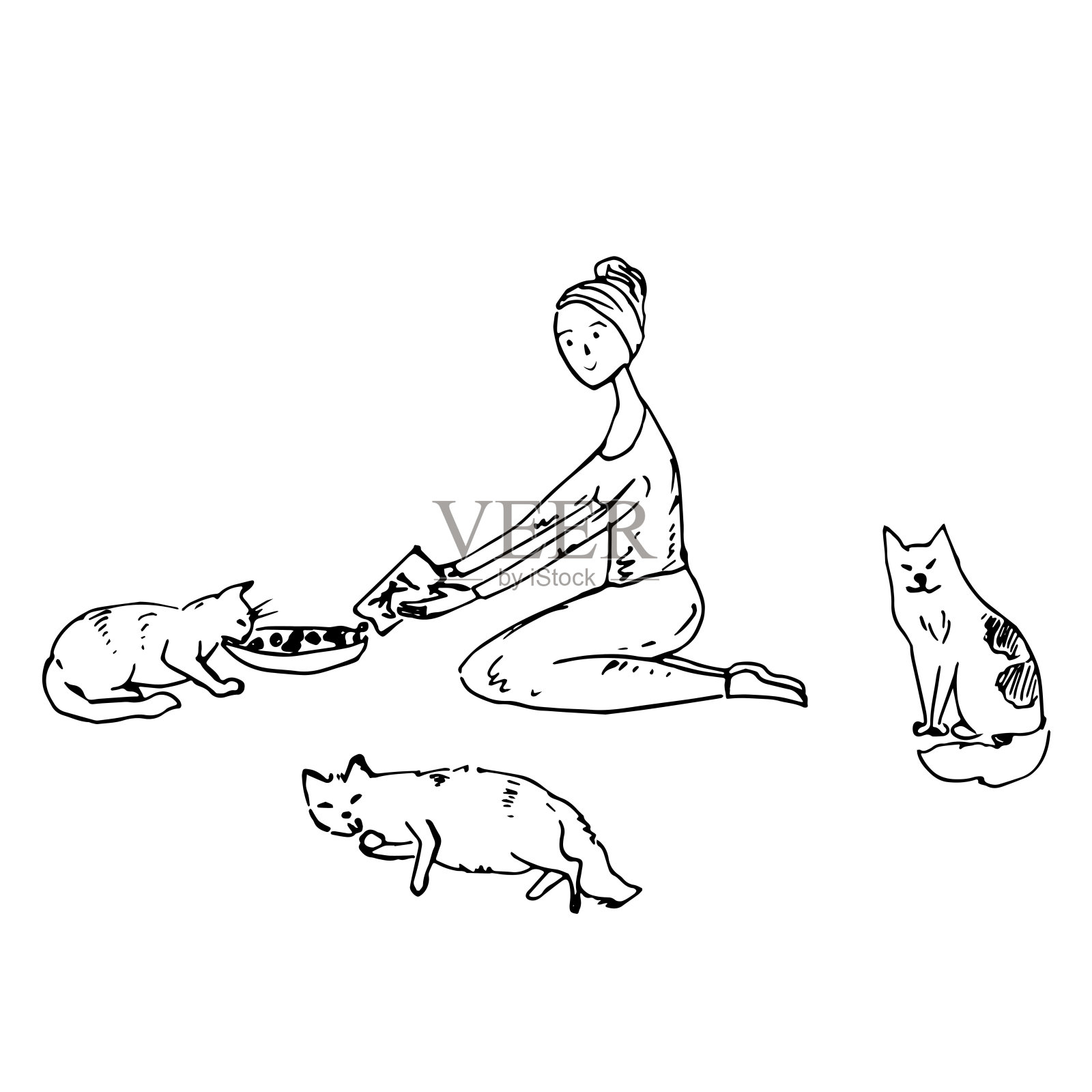 一个女人在喂猫。草图。矢量插图。插画图片素材