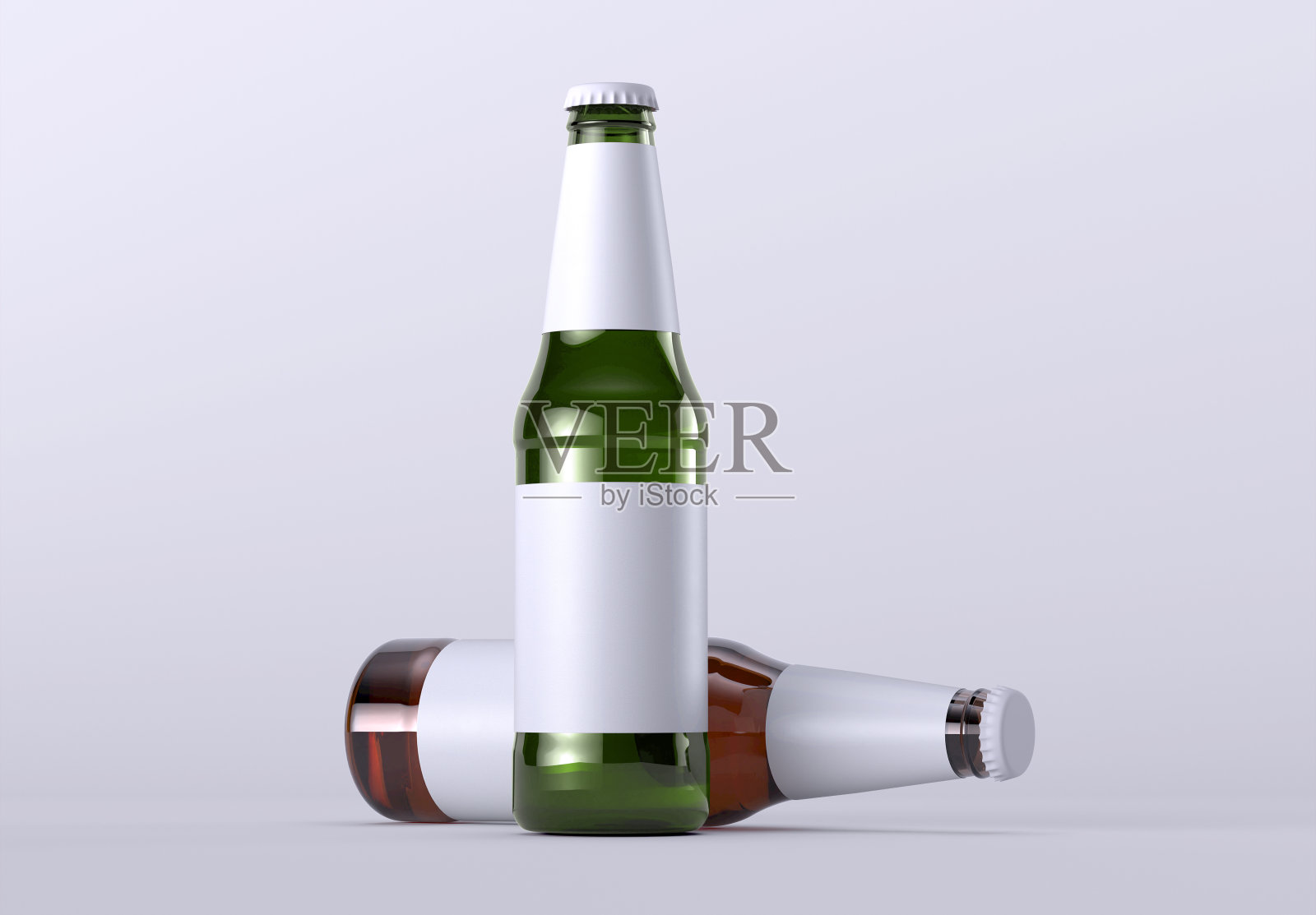 两个啤酒瓶和瓶盖模型的产品包装。3d渲染照片摄影图片