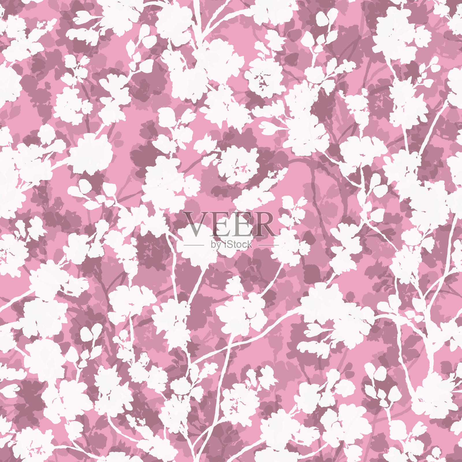 粉红色背景上的樱花剪影。无缝模式。插画图片素材