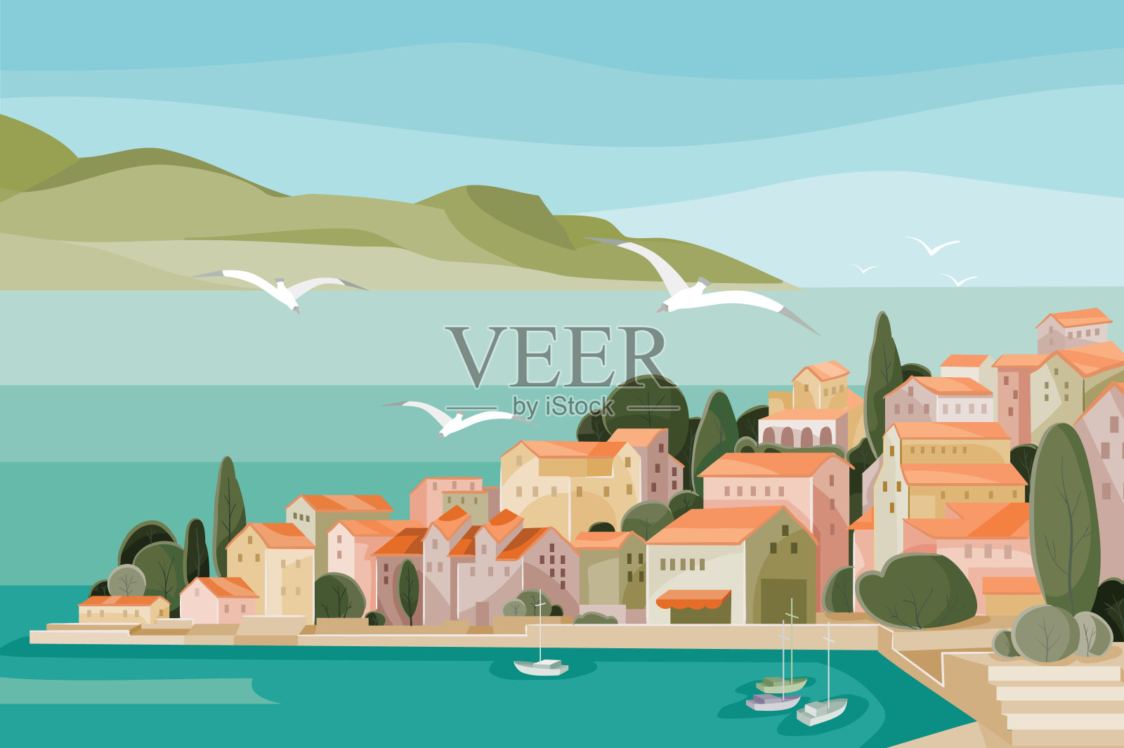 地中海风景，有大海、山脉、海滩和红色屋顶的小房子，海鸥在上面飞翔，插画图片素材