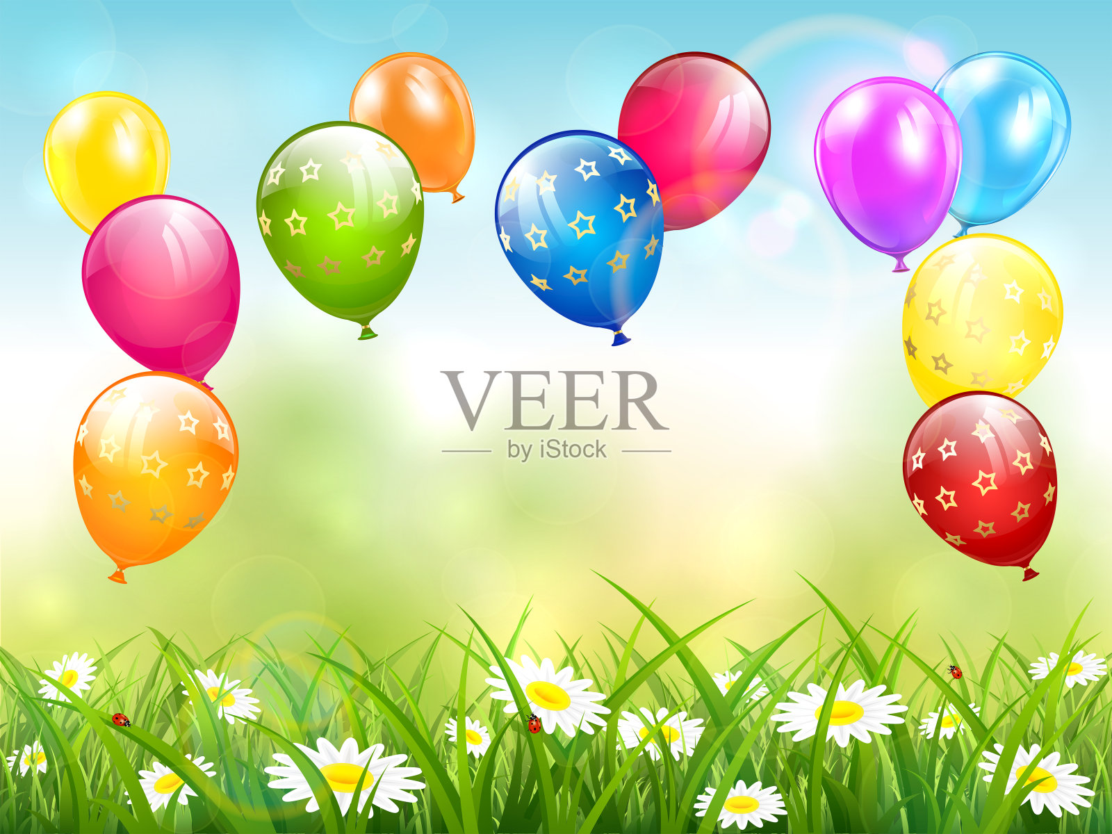 蓝色彩色生日气球在草地上飞行的背景有三个复活节彩蛋在草设计元素图片