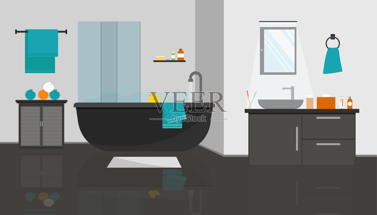 浴室内部与家具在平面设计风格。矢量插图。插画图片素材