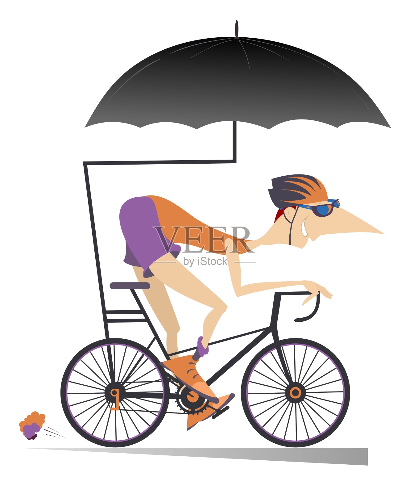 卡通人物在一把雨伞下骑自行车插画图片素材