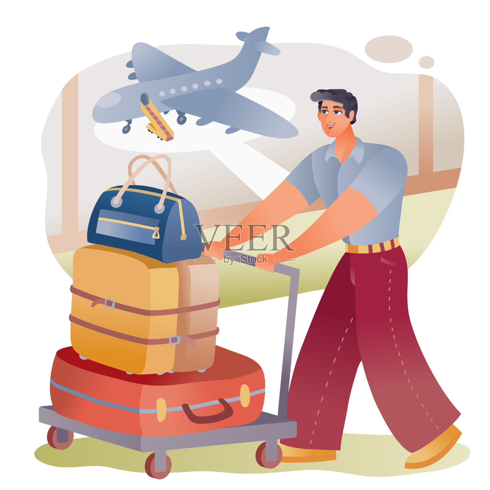 在机场，一名男子推着一个大手推车，前面放着许多行李箱，急着降落飞机，飞机在他身后插画图片素材