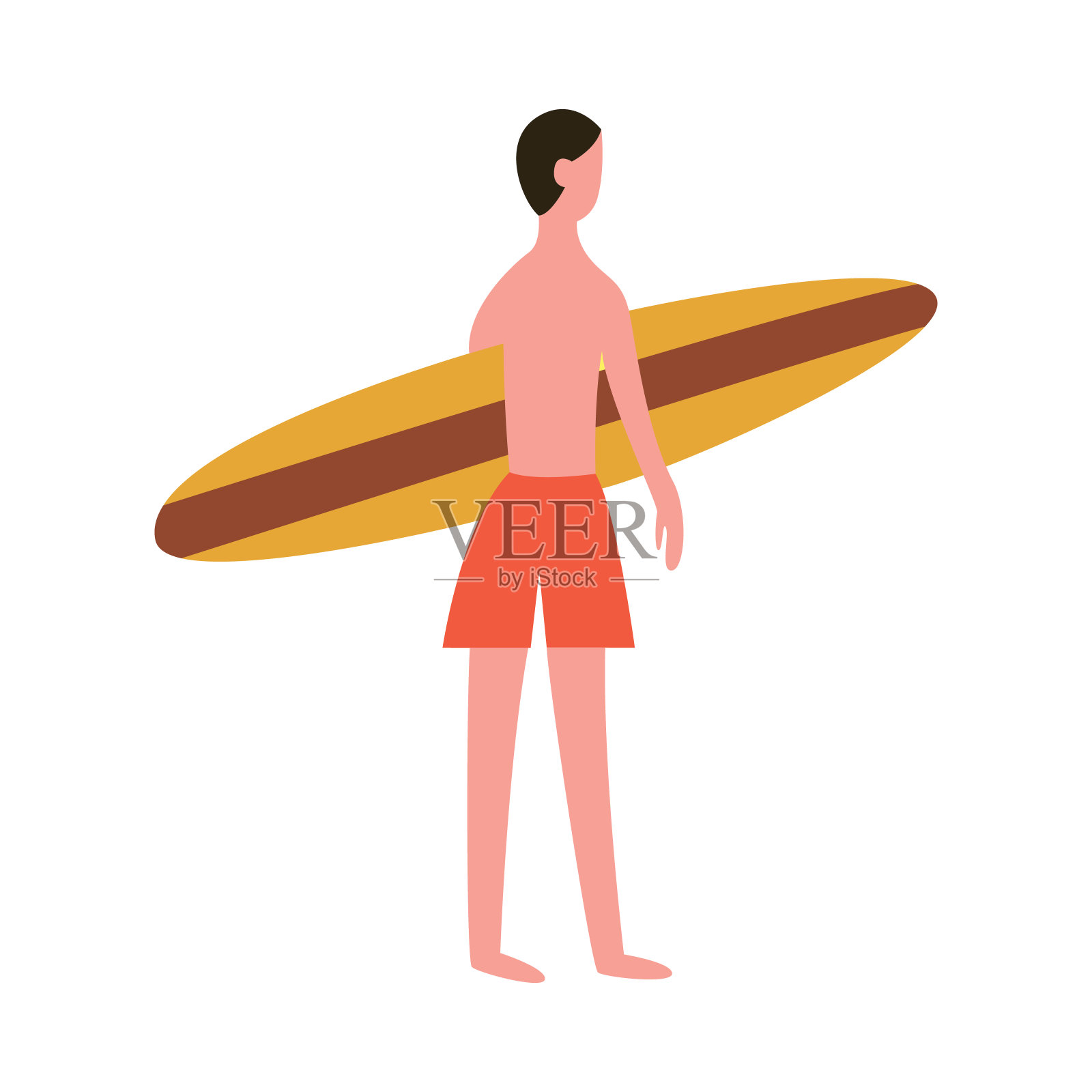 卡通男子拿着一个冲浪板从背面侧面看插画图片素材