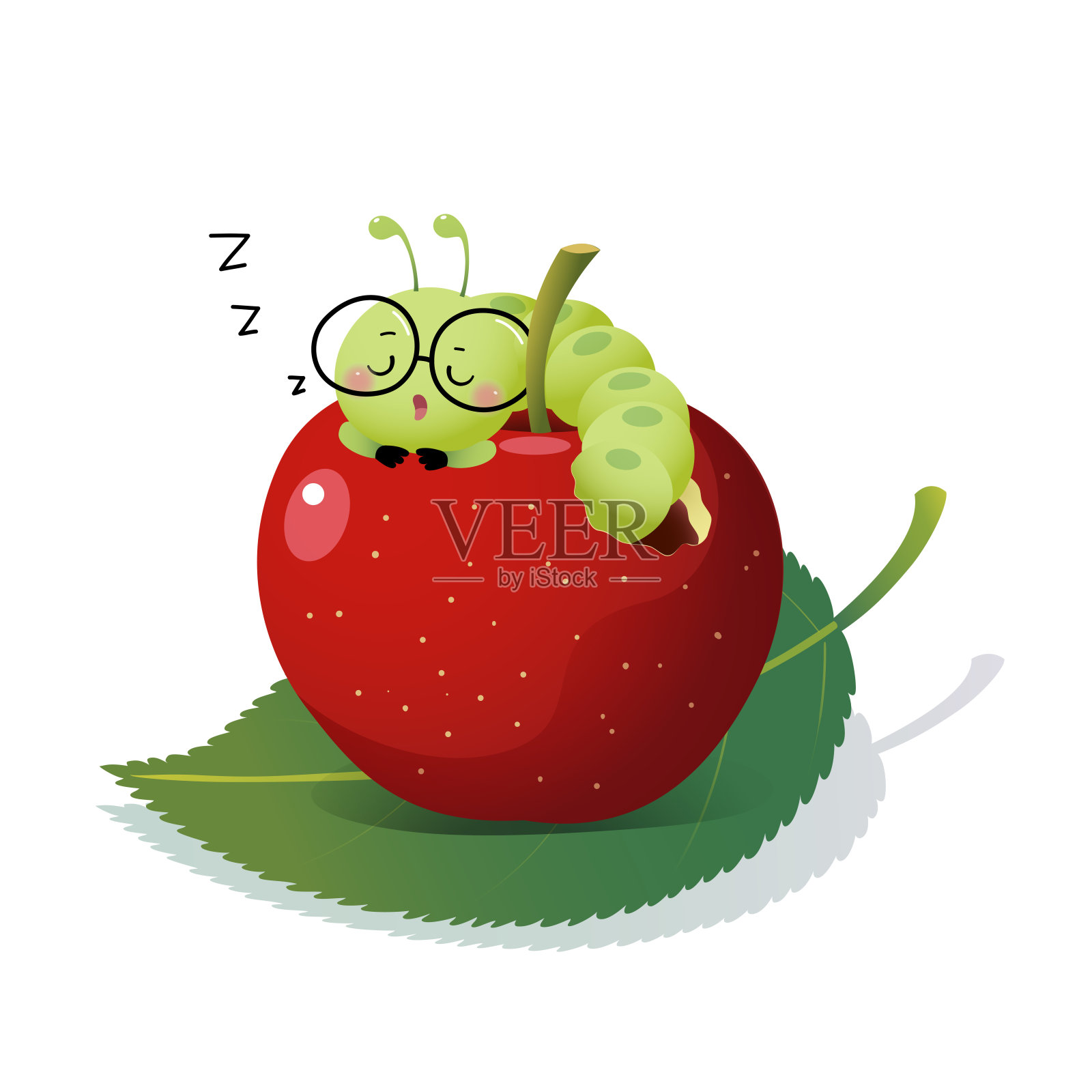 矢量插图可爱的卡通毛毛虫戴着眼镜和睡在苹果上。设计元素图片