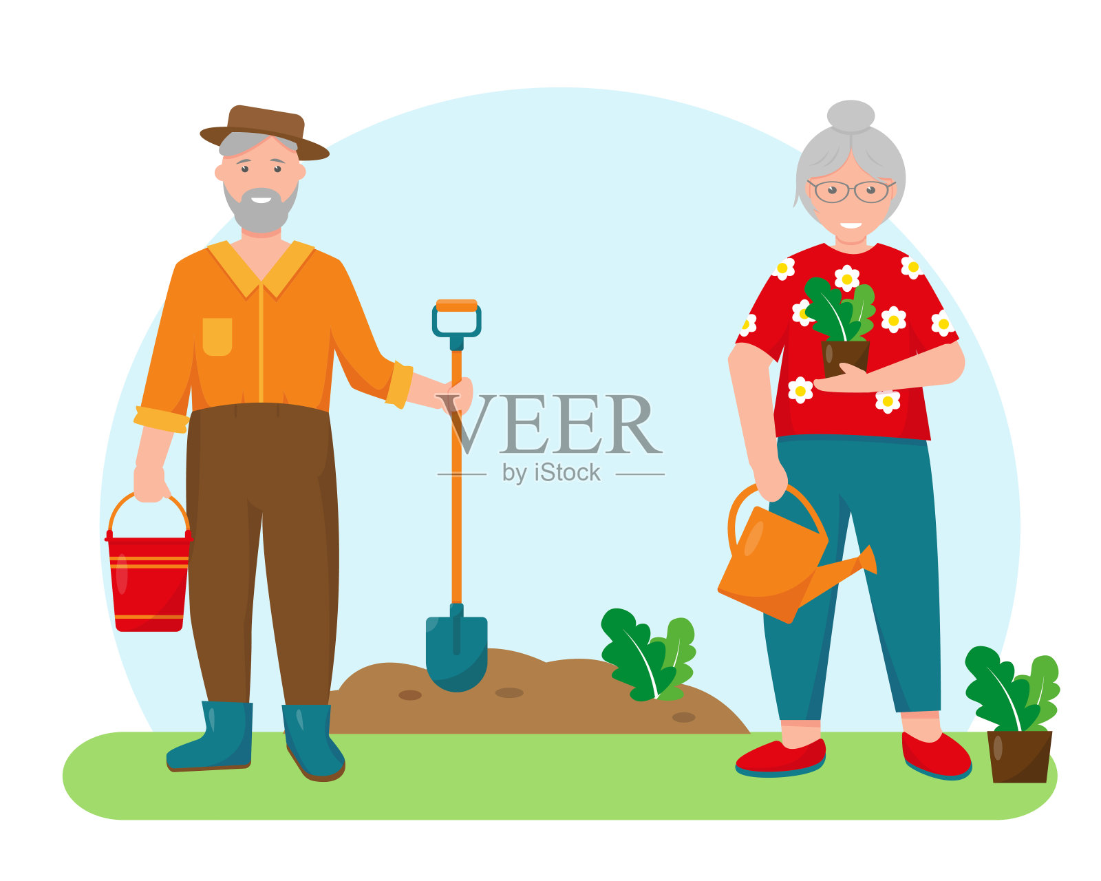 老妇人和老人在花园里用植物和园艺工具。园艺概念设计。春季或夏季横幅或背景矢量插图。插画图片素材