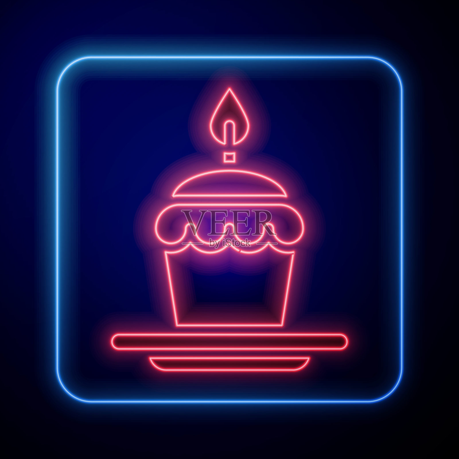 发光的霓虹灯蛋糕与燃烧的蜡烛图标孤立在蓝色背景。生日快乐。矢量图设计模板素材