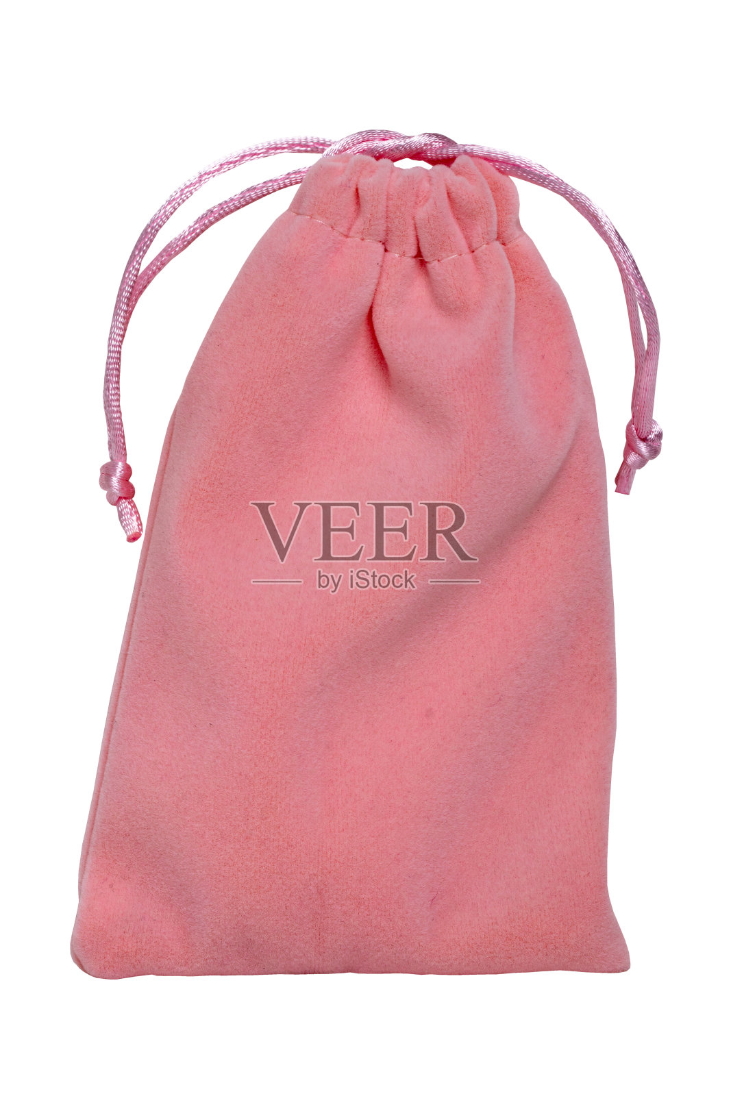 特写的粉红色织物礼物拉绳袋或布袋孤立在白色的背景。微距照片与复制空间。照片摄影图片