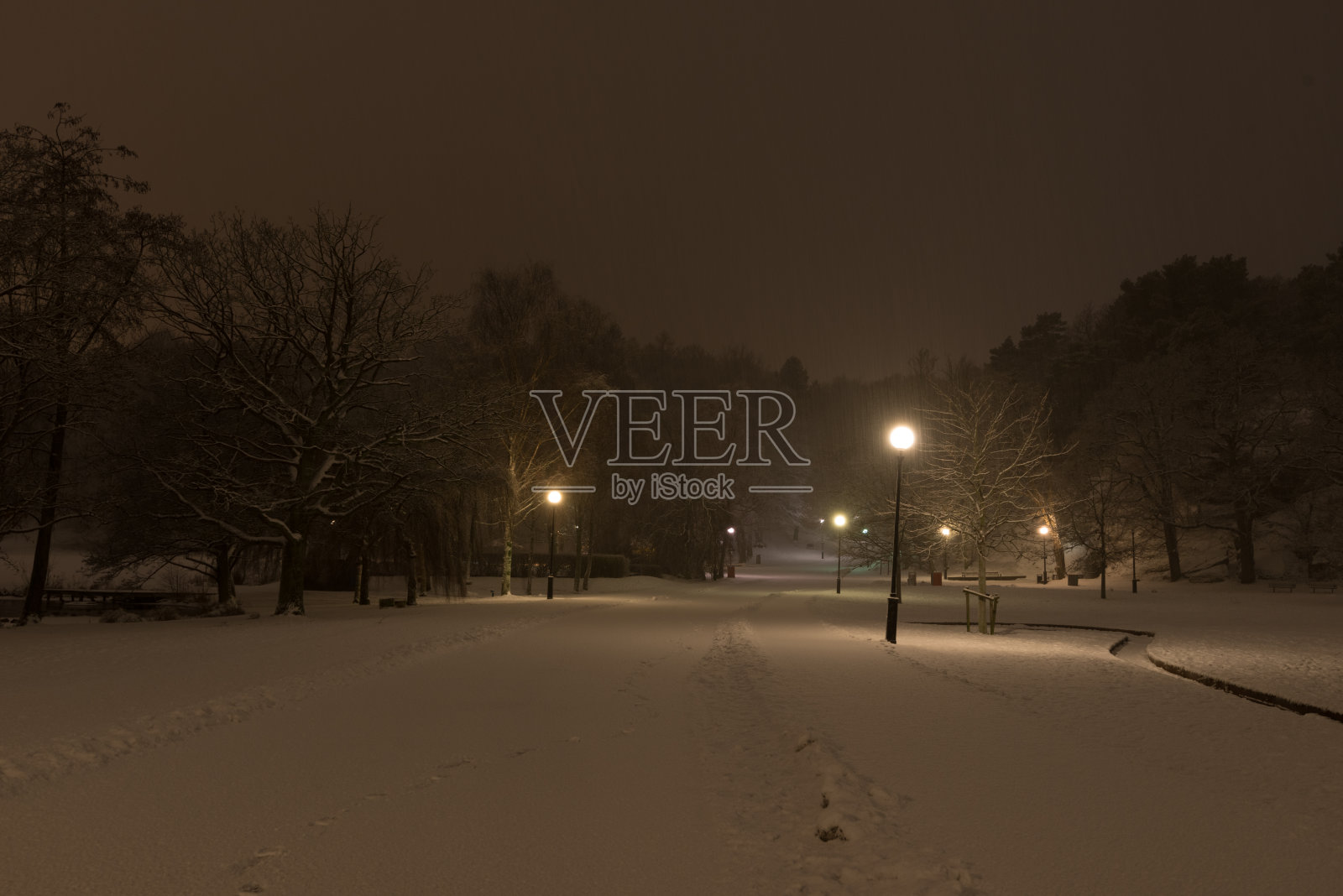 漆黑的夜晚，白雪覆盖的公园。昏暗的路灯……照片摄影图片