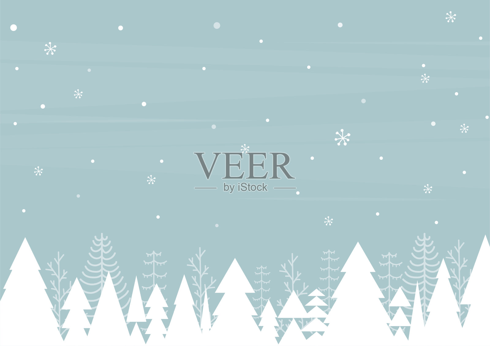 圣诞节冬季背景。白色的圣诞树与雪花在浅蓝色的背景。卡通风格。矢量插图。插画图片素材