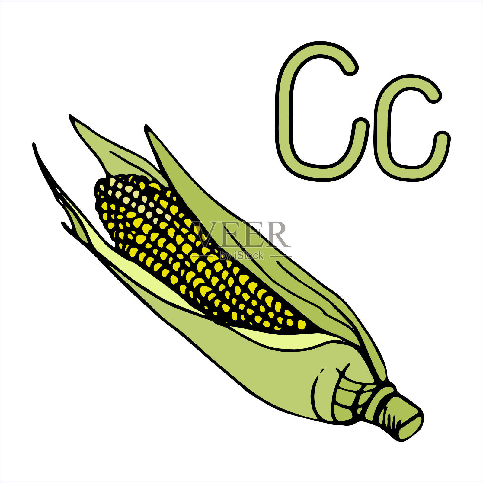 学习字母c的卡通轮廓玉米穗。矢量轮廓手绘，素描，蔬菜，花园黑色线条，孤立的白色背景，视觉材料插画图片素材