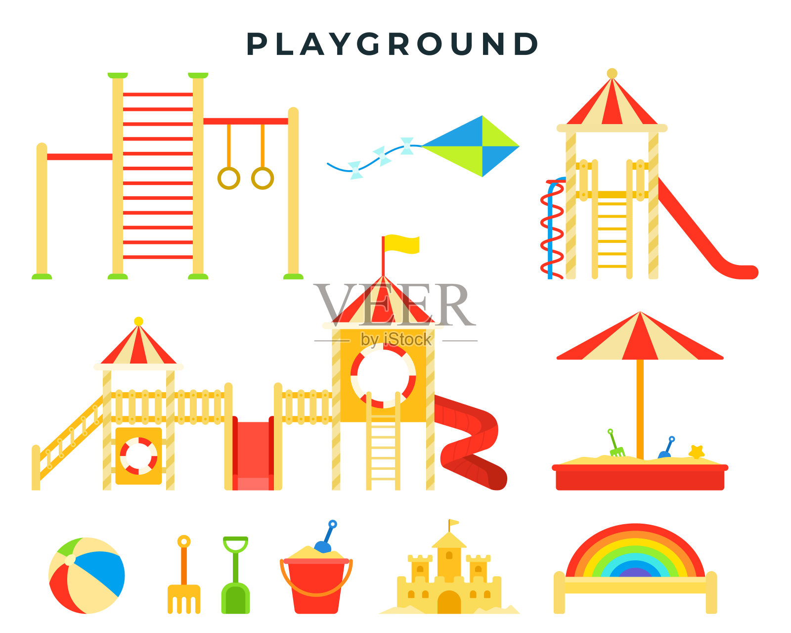 儿童娱乐游乐场有沙箱、滑梯、单杠、梯子、秋千、玩具。儿童游戏的地方。矢量插图。插画图片素材