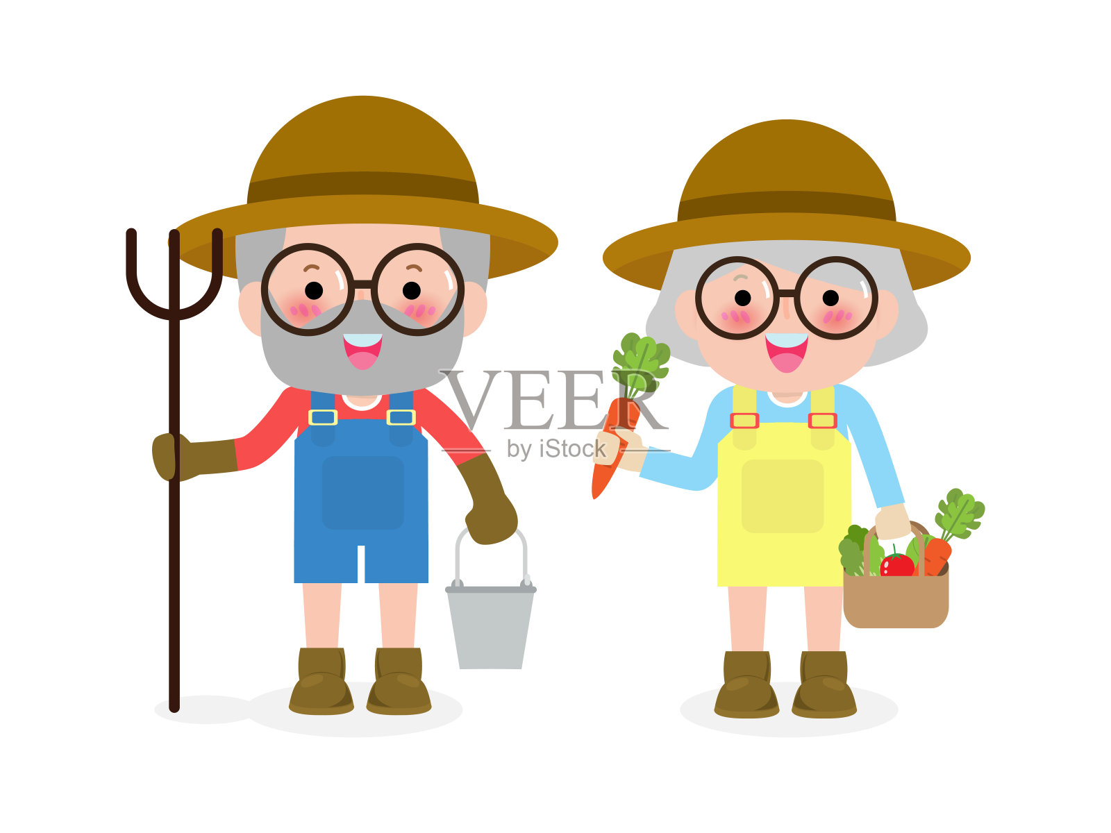 快乐的农民老两口可爱的卡通人物农家老人和老婆婆，平面设计的老年乡村概念矢量上孤立的白色背景插图。插画图片素材